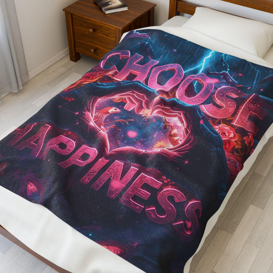 Choose Happiness Velveteen Plush Blanket | Heart Hands Neon Lightning Design