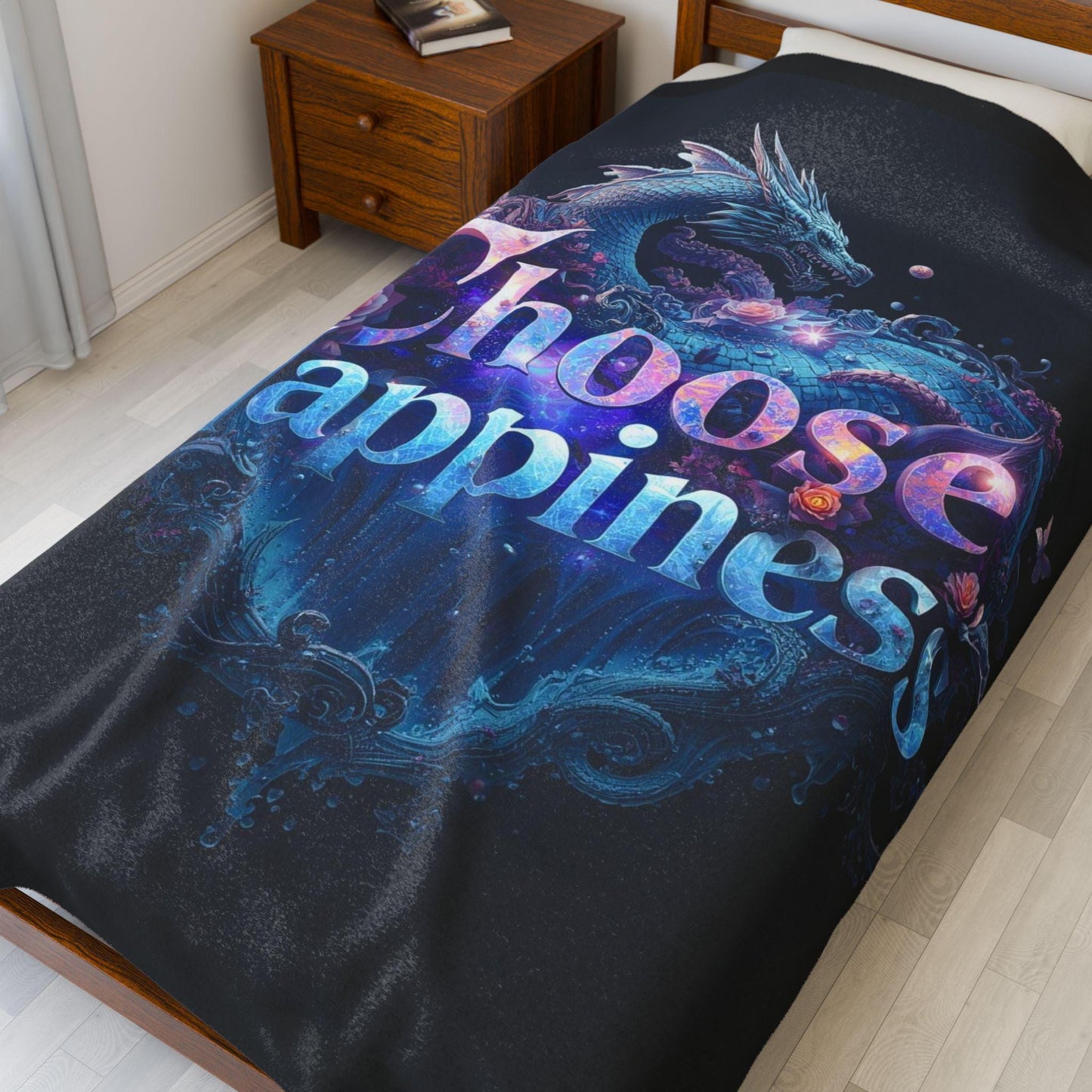 Velveteen Plush Blanket, Dragon Lover Gift, Cozy Throw Blanket, Choose Happiness,