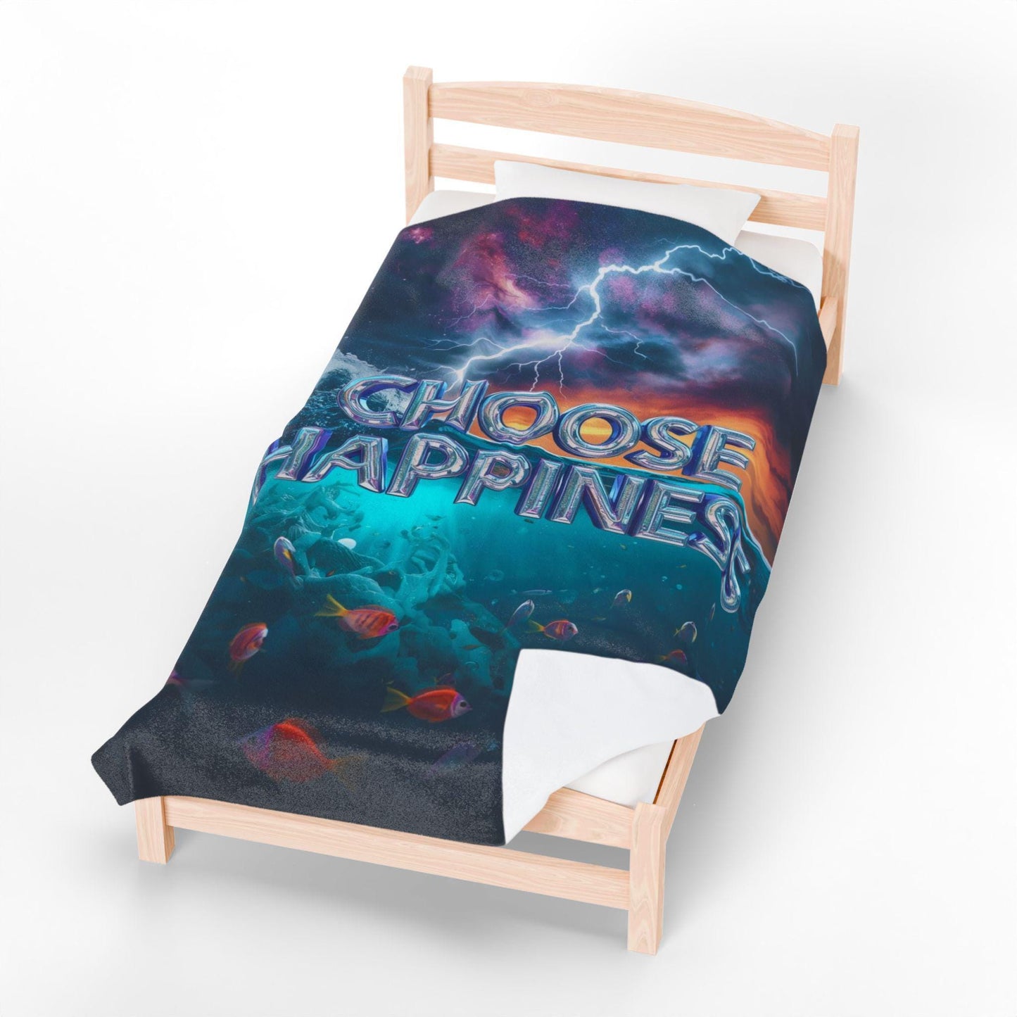 Choose Happiness Velveteen Plush Blanket | Ocean Scene, Lightning Sky, Colorful Fish