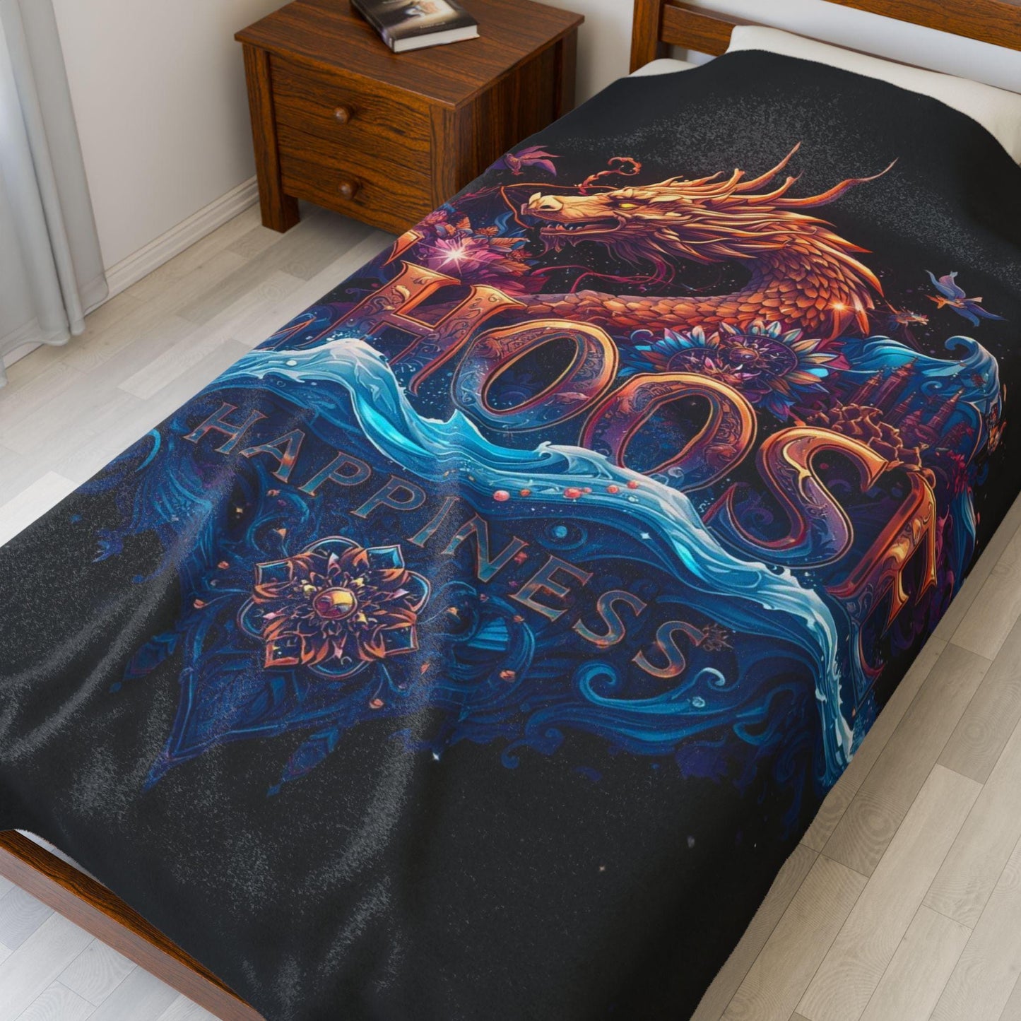 Velveteen Plush Blanket, Choose Happiness, Cozy Throw, Gift for Dragon Lover