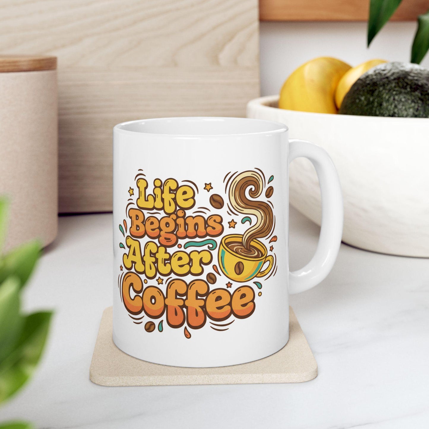 Life Begins After Coffee Mug | Retro Coffee Typography Ceramic Mug