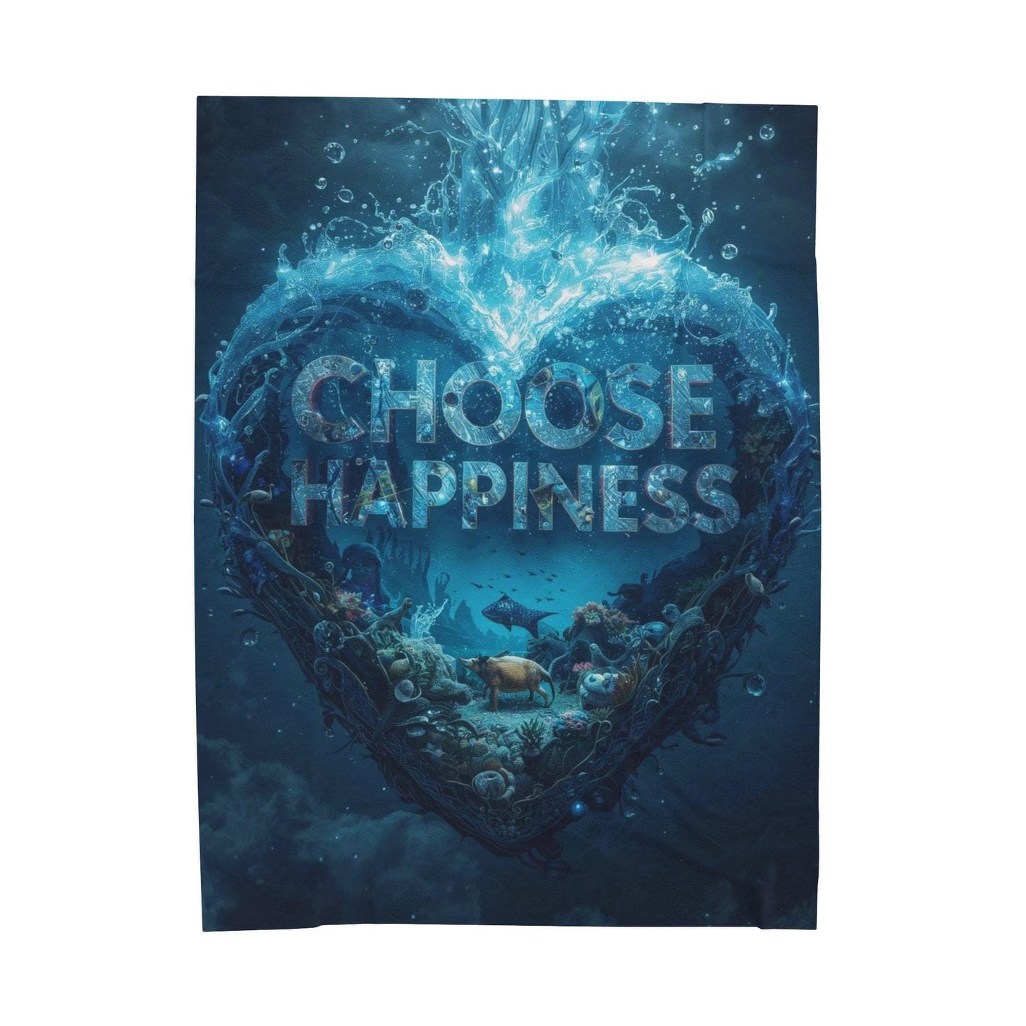 Choose Happiness Heart Ocean Scene Velveteen Plush Blanket | Inspirational Quote Throw