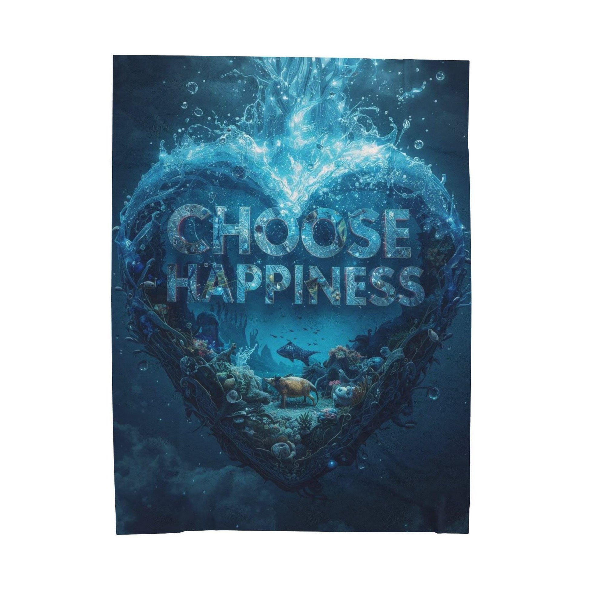 Choose Happiness Heart Ocean Scene Velveteen Plush Blanket | Inspirational Quote Throw