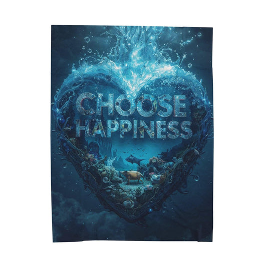 Choose Happiness Heart Ocean Scene Velveteen Plush Blanket | Inspirational Quote Throw
