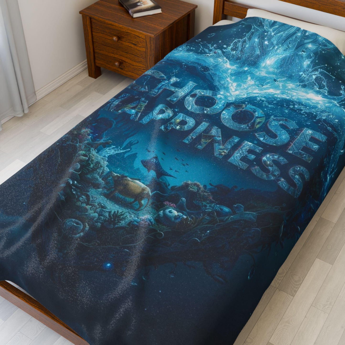 Choose Happiness Heart Ocean Scene Velveteen Plush Blanket | Inspirational Quote Throw