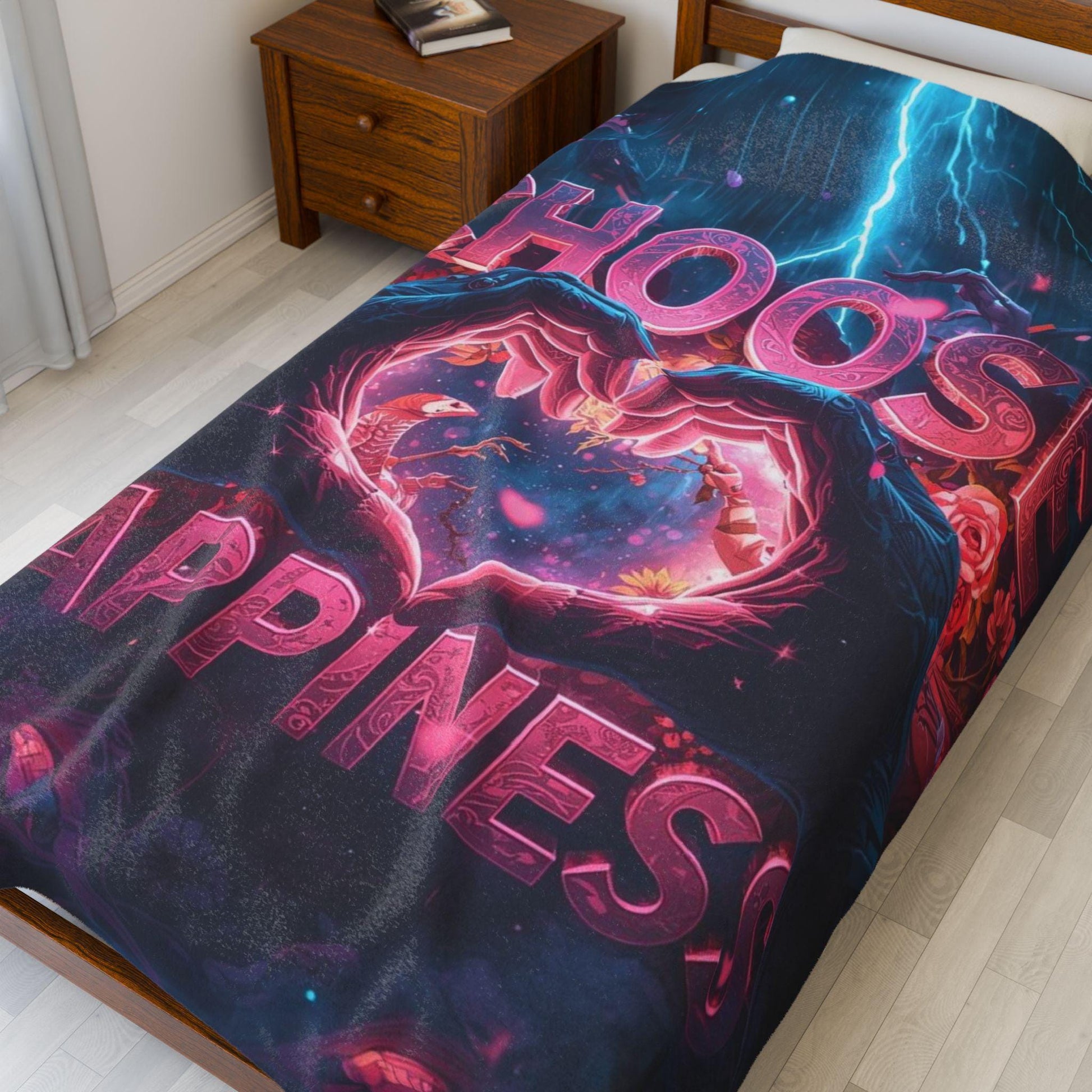 Choose Happiness Velveteen Plush Blanket | Heart Hands Neon Lightning Design