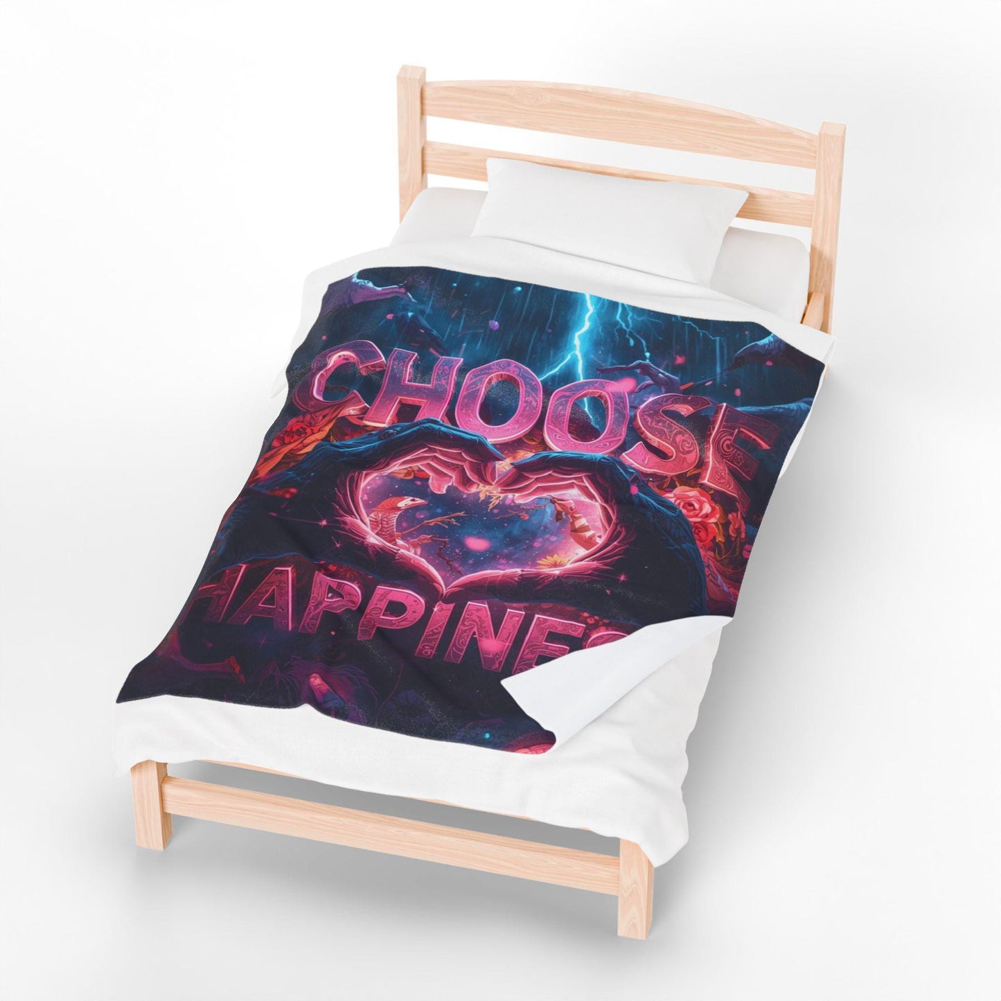 Choose Happiness Velveteen Plush Blanket | Heart Hands Neon Lightning Design