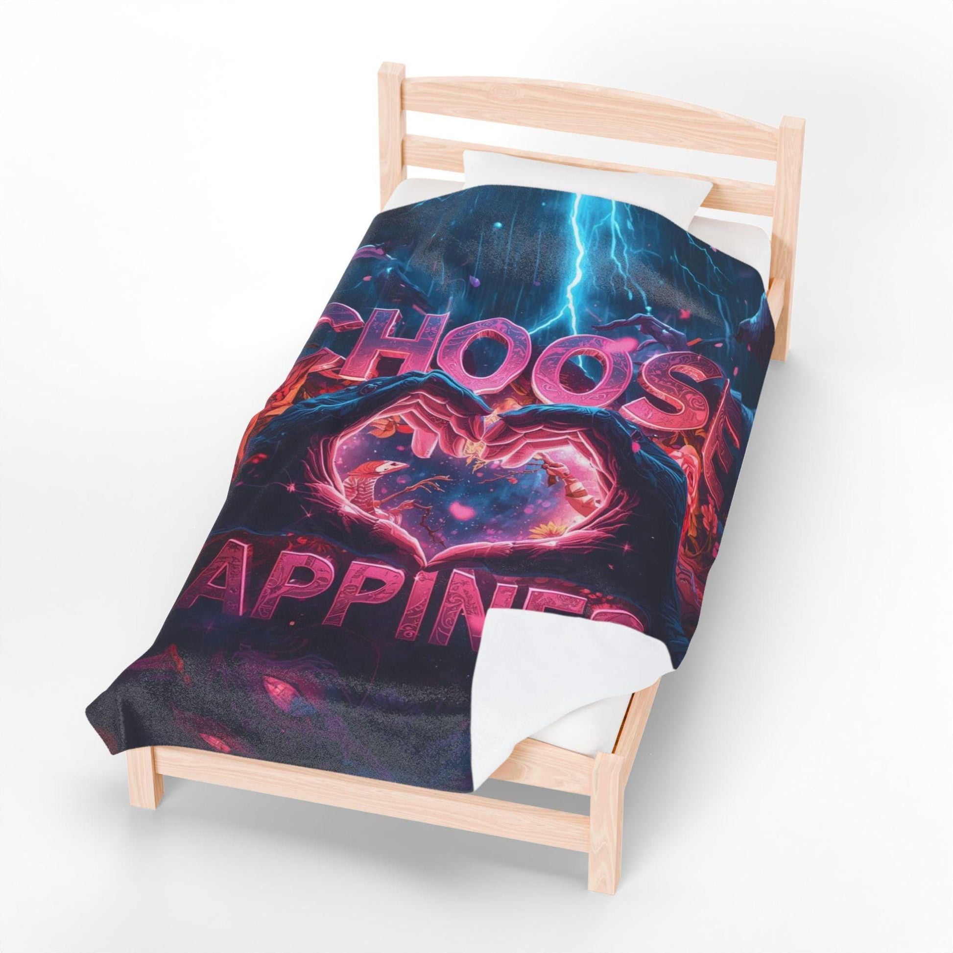 Choose Happiness Velveteen Plush Blanket | Heart Hands Neon Lightning Design