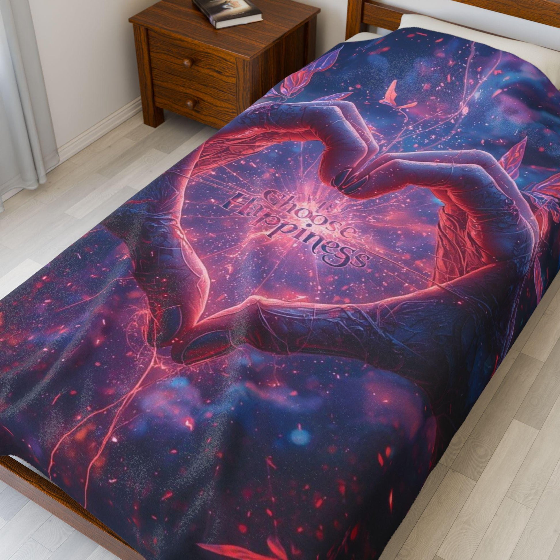 Heart Hands Neon Heart Velveteen Plush Blanket | Fantasy Glow Love Design