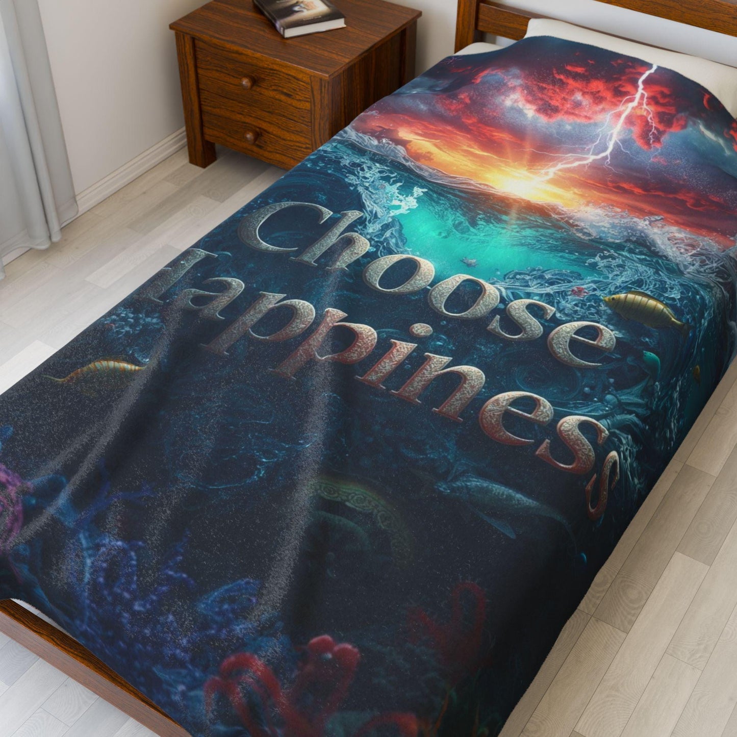 Choose Happiness Velveteen Plush Blanket | Ocean Sunset Underwater Design