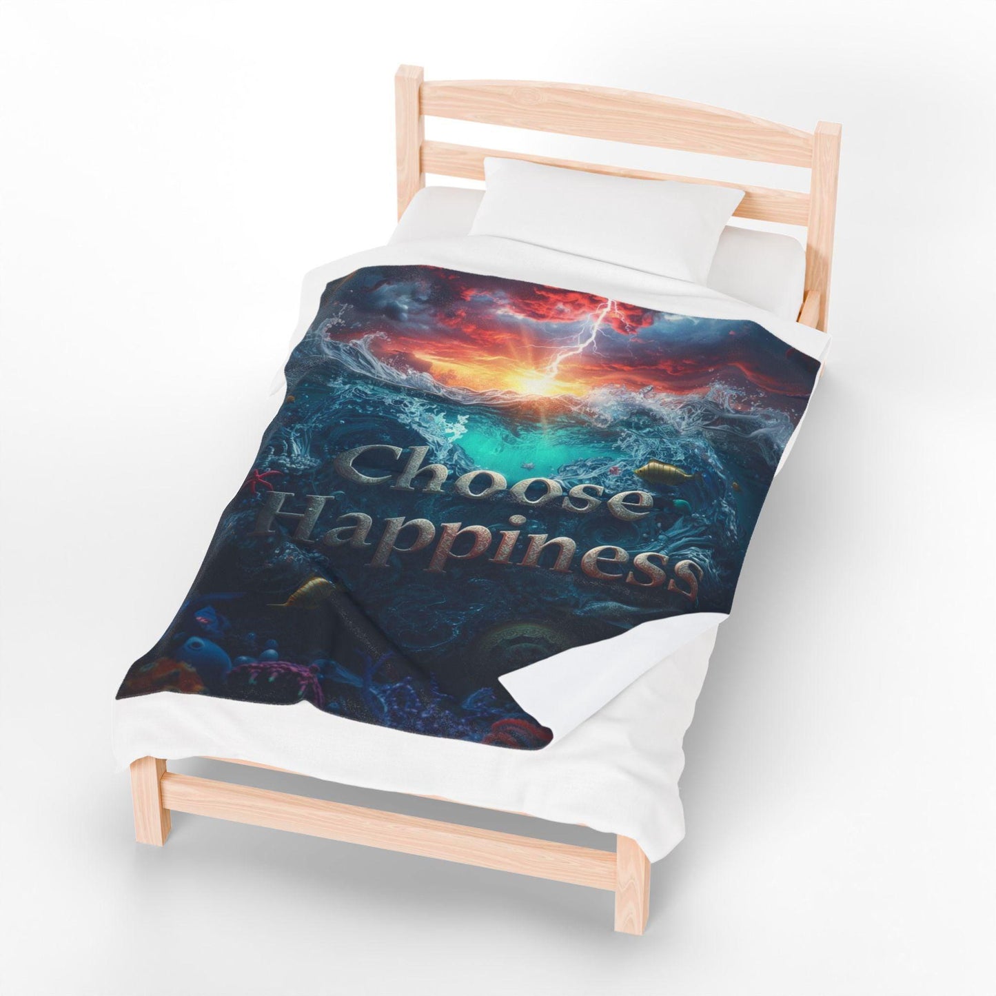 Choose Happiness Velveteen Plush Blanket | Ocean Sunset Underwater Design