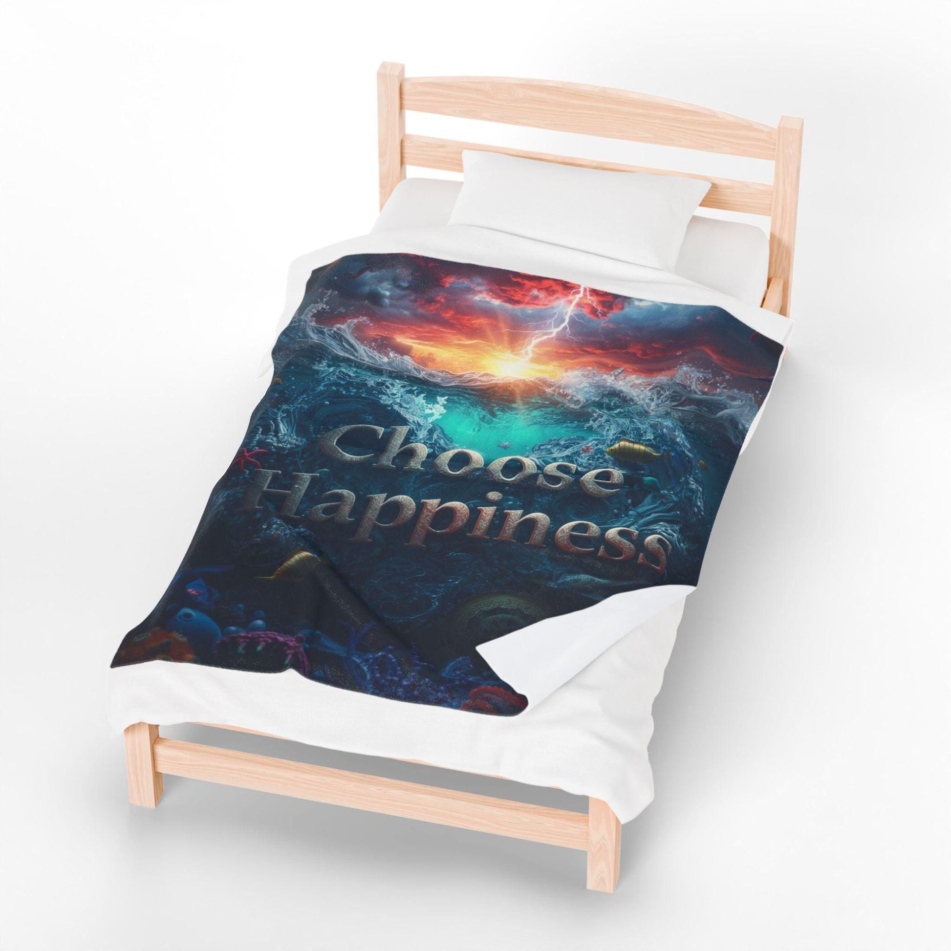 Choose Happiness Velveteen Plush Blanket | Ocean Sunset Underwater Design