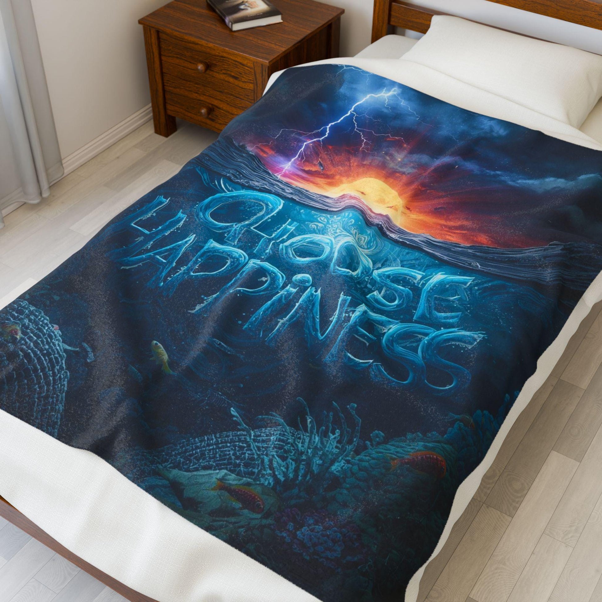 Choose Happiness ocean sunset design Velveteen Plush Blanket | inspirational typography