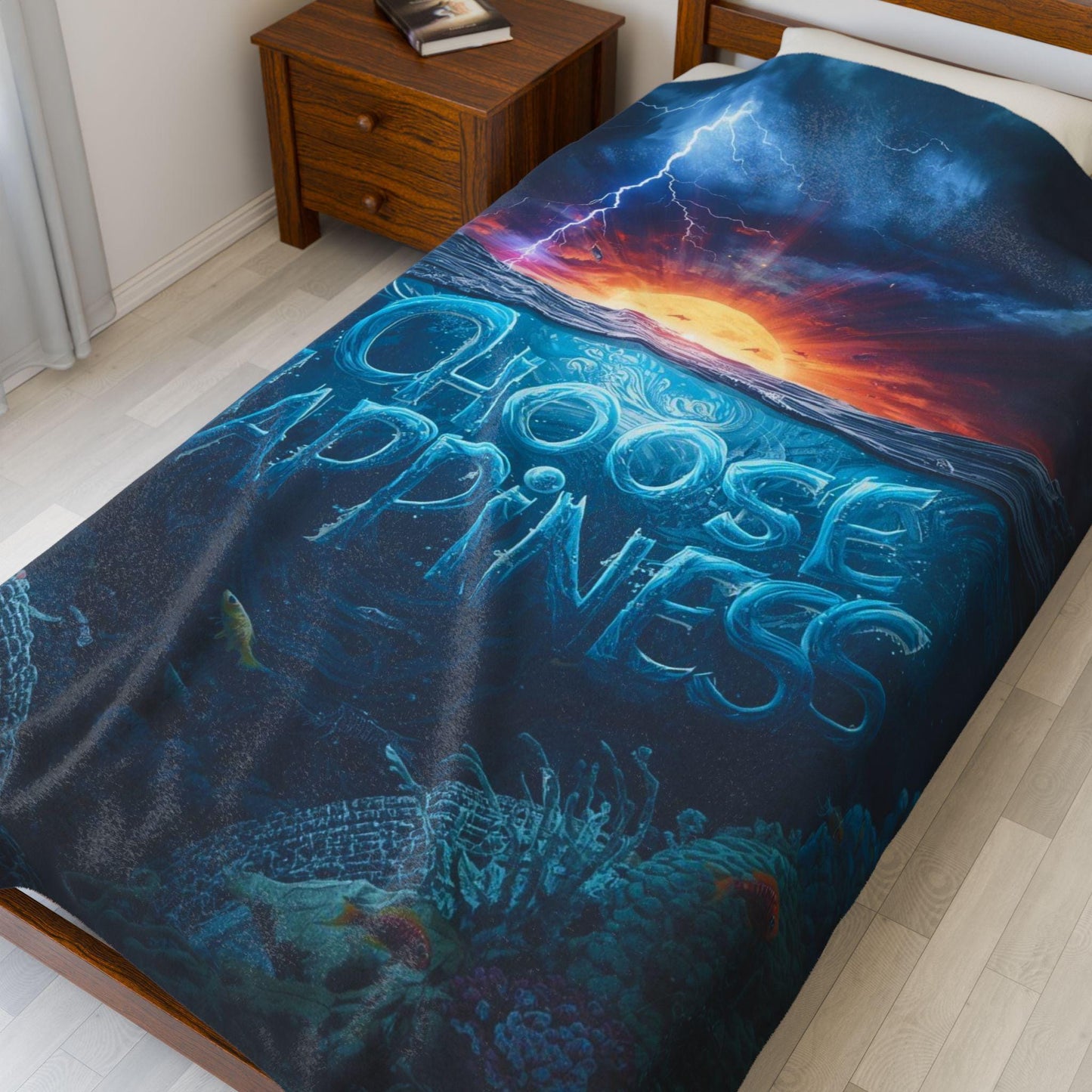 Choose Happiness ocean sunset design Velveteen Plush Blanket | inspirational typography