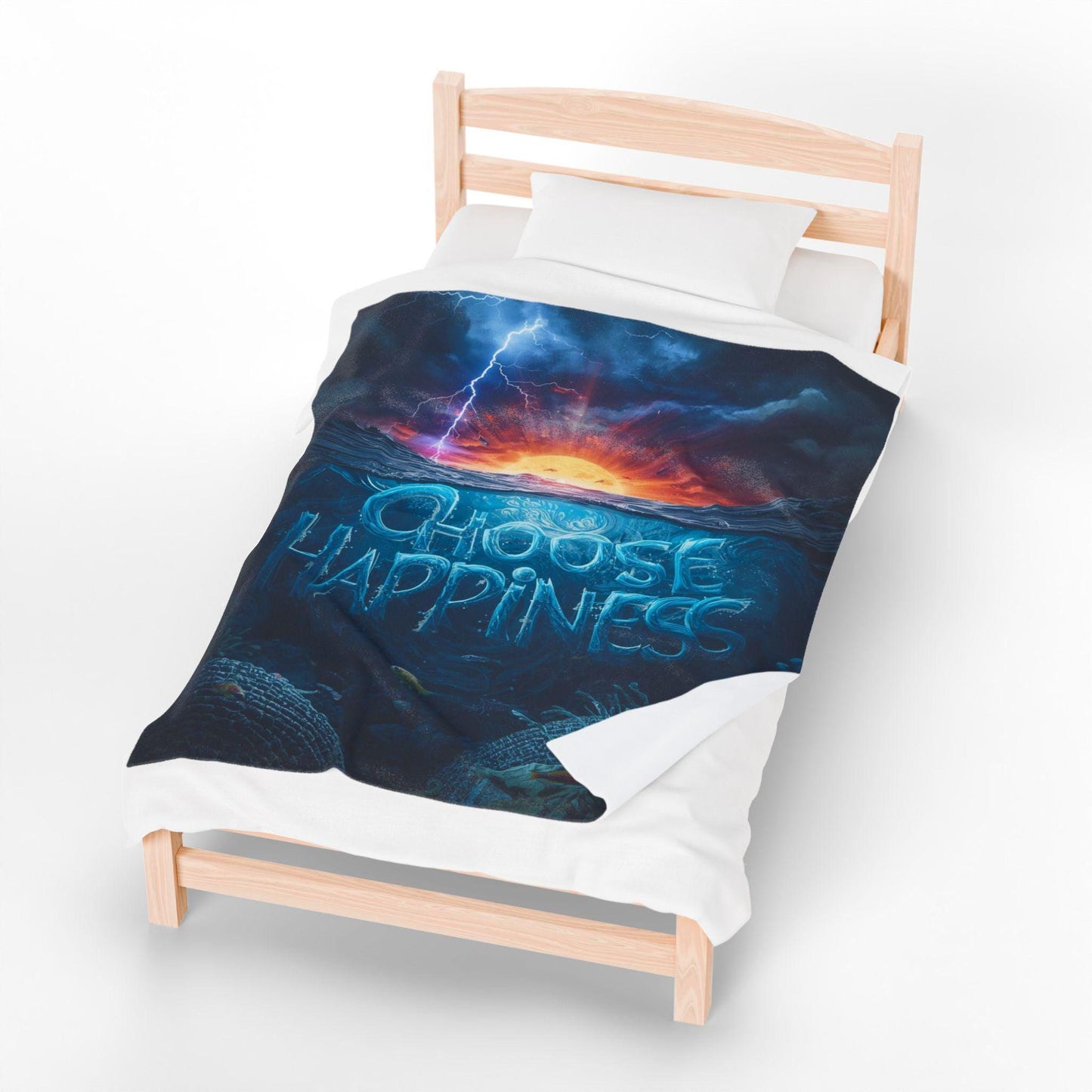 Choose Happiness ocean sunset design Velveteen Plush Blanket | inspirational typography