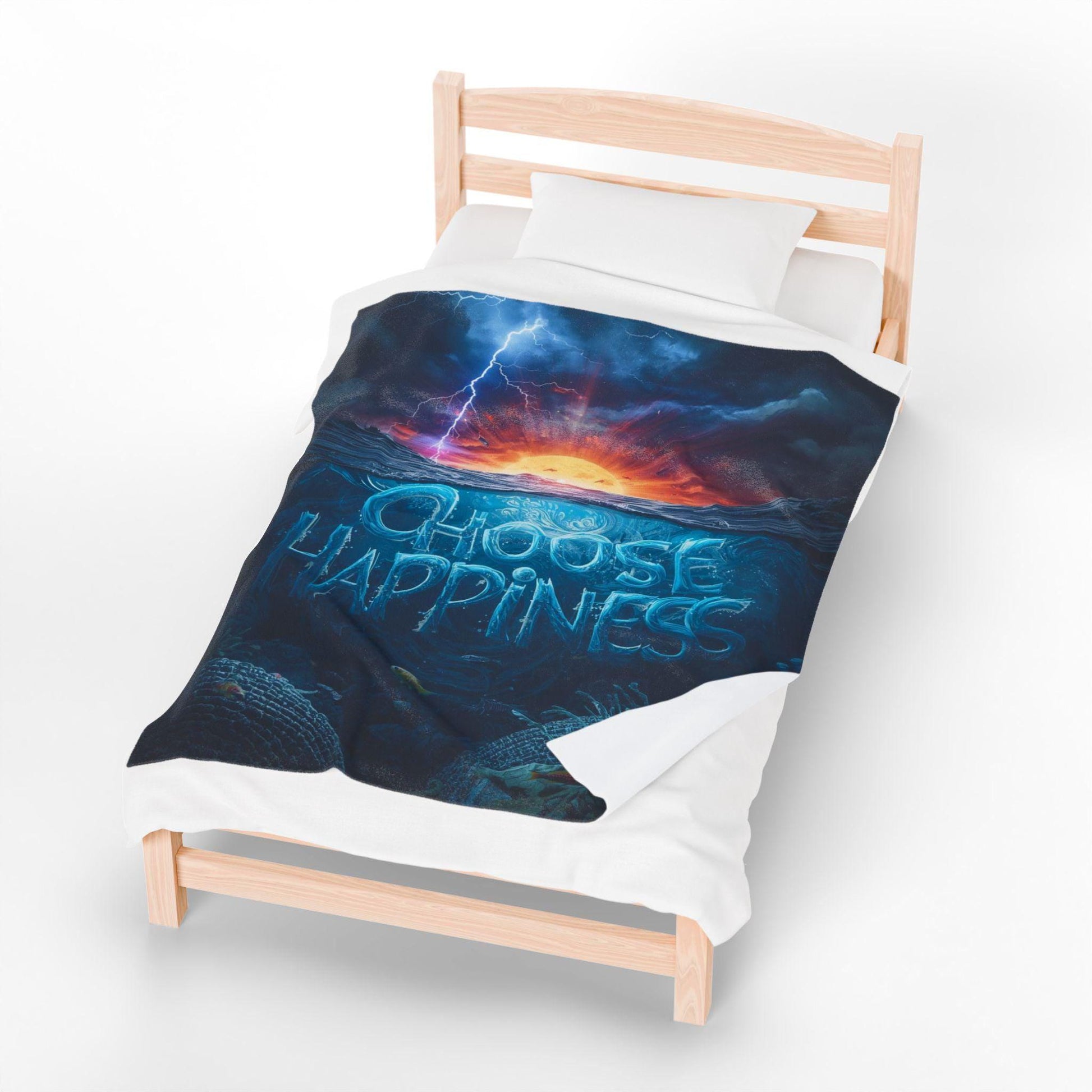 Choose Happiness ocean sunset design Velveteen Plush Blanket | inspirational typography