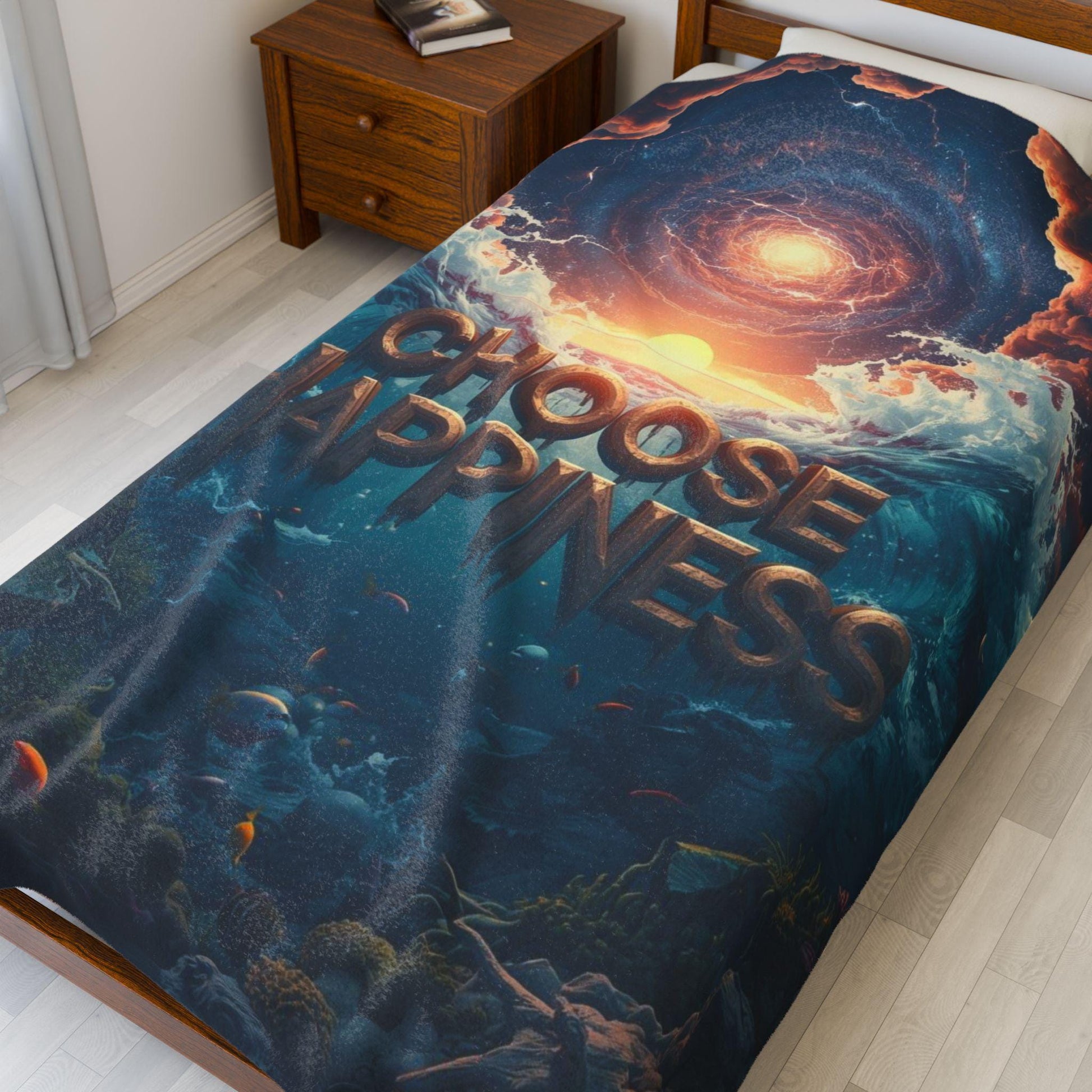 Choose Happiness ocean sunrise illustration Blanket | Velveteen Plush Blanket