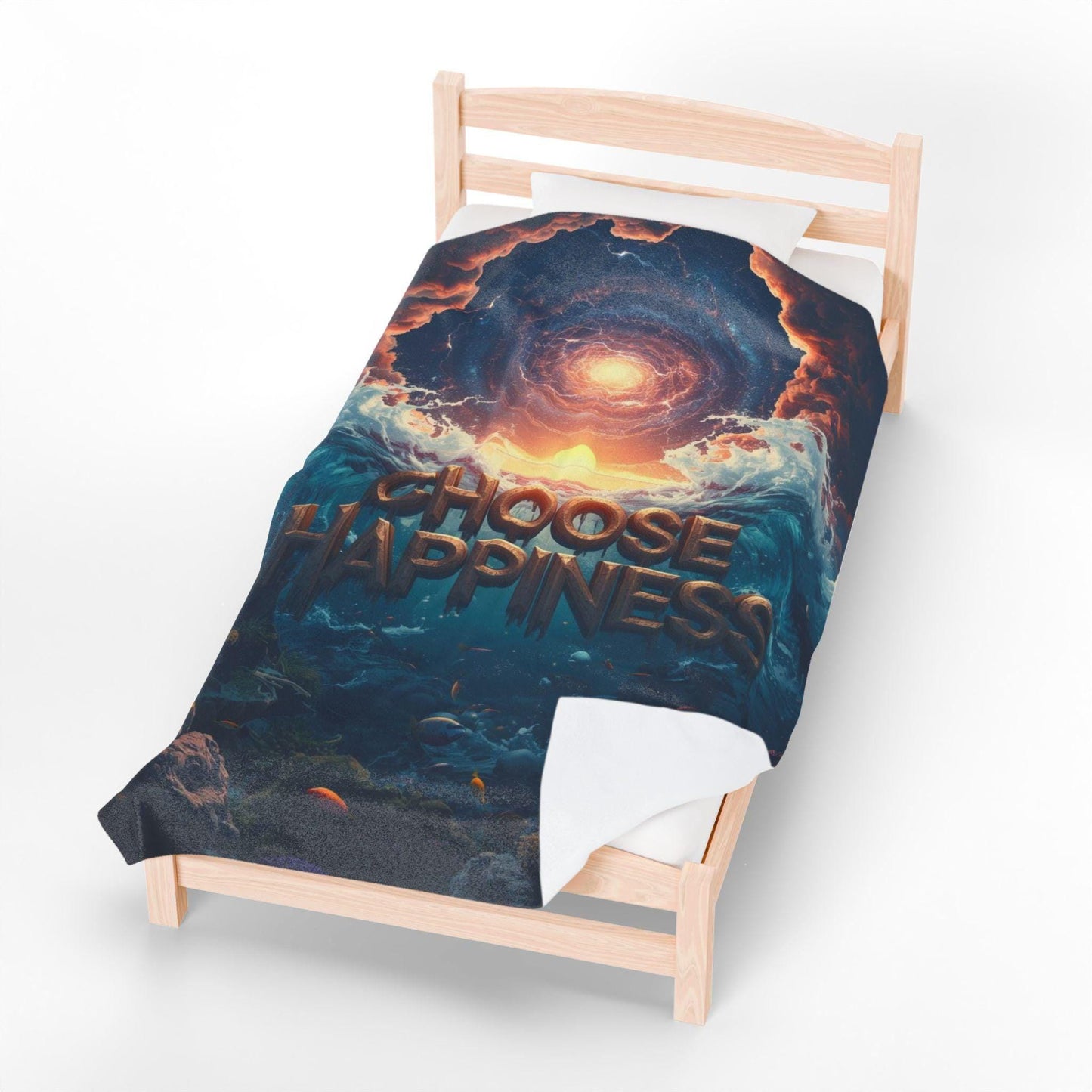Choose Happiness ocean sunrise illustration Blanket | Velveteen Plush Blanket