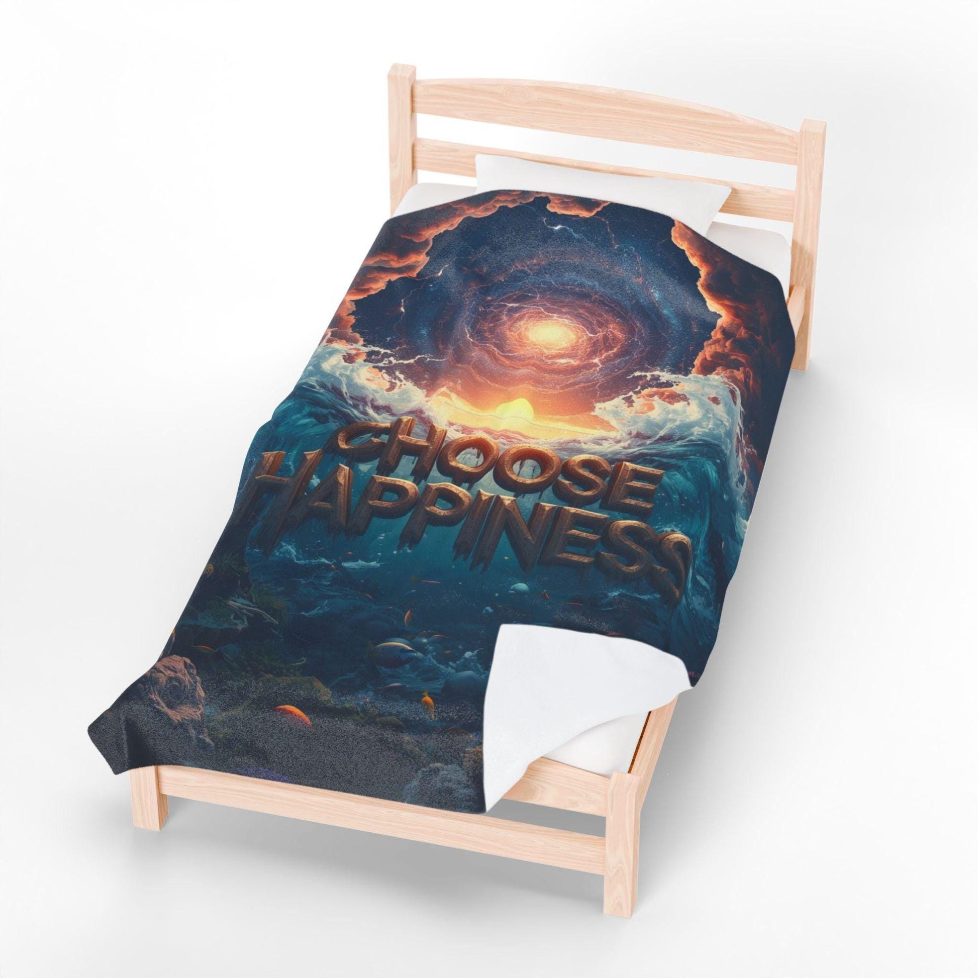Choose Happiness ocean sunrise illustration Blanket | Velveteen Plush Blanket