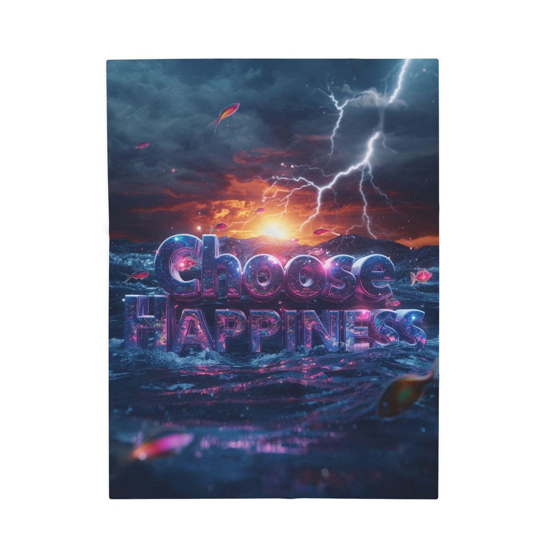 Choose Happiness Velveteen Plush Blanket | Motivational Text Sunset Storm Design