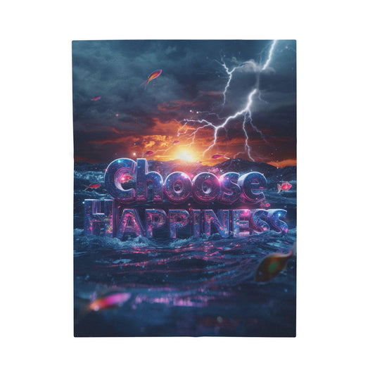 Choose Happiness Velveteen Plush Blanket | Motivational Text Sunset Storm Design
