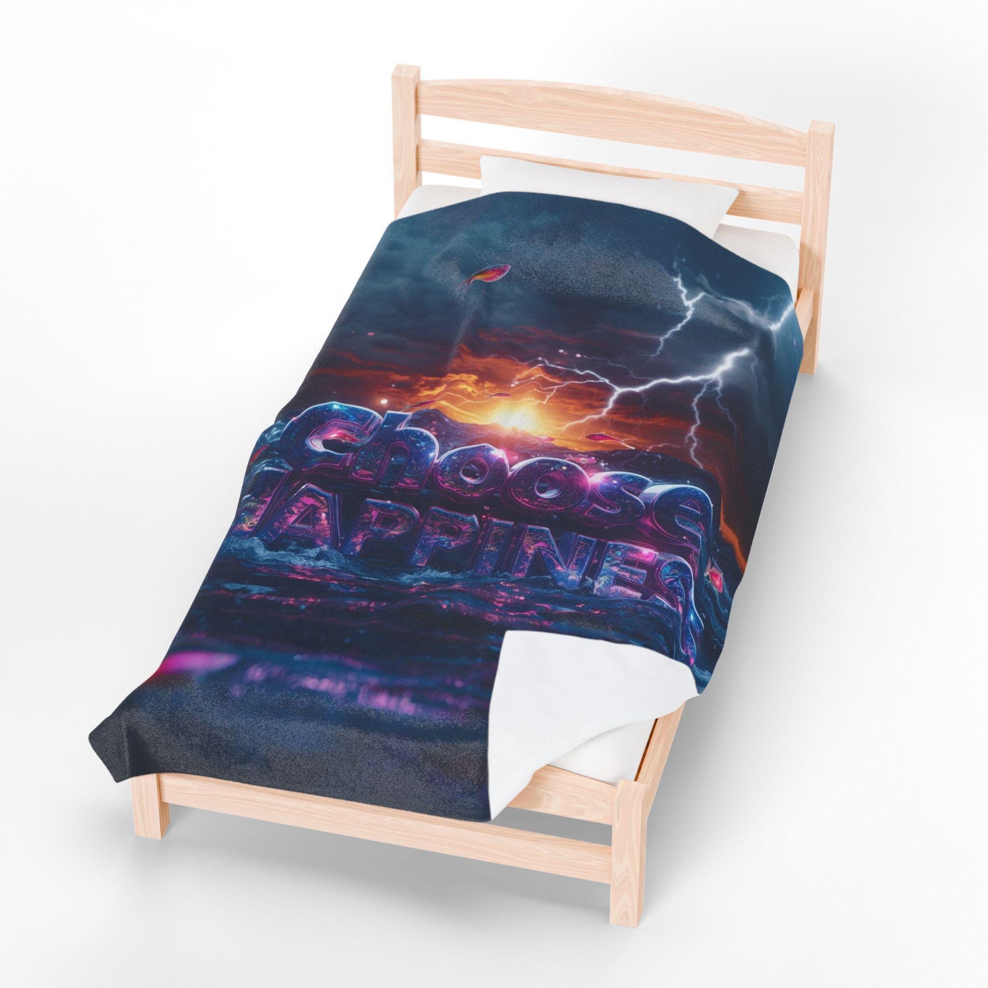 Choose Happiness Velveteen Plush Blanket | Motivational Text Sunset Storm Design