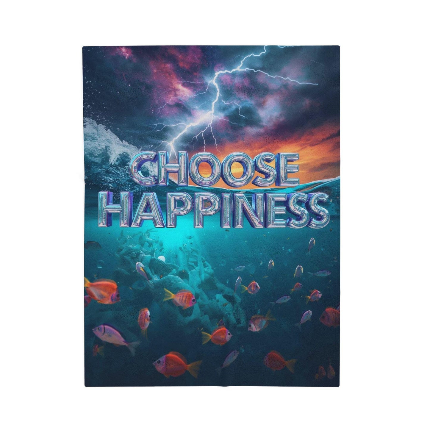 Choose Happiness Velveteen Plush Blanket | Ocean Scene, Lightning Sky, Colorful Fish