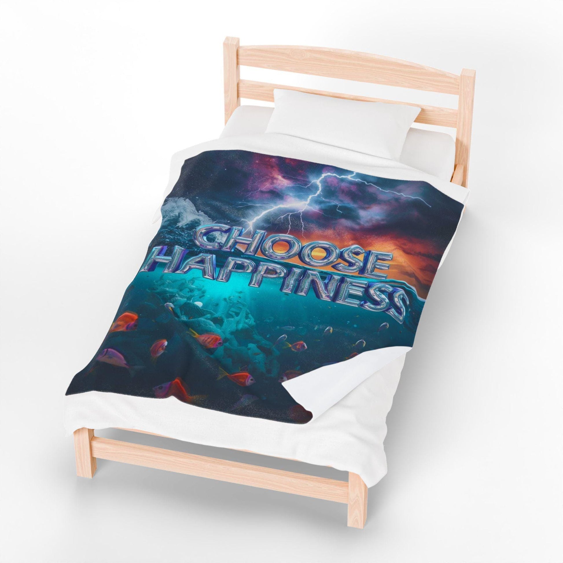 Choose Happiness Velveteen Plush Blanket | Ocean Scene, Lightning Sky, Colorful Fish