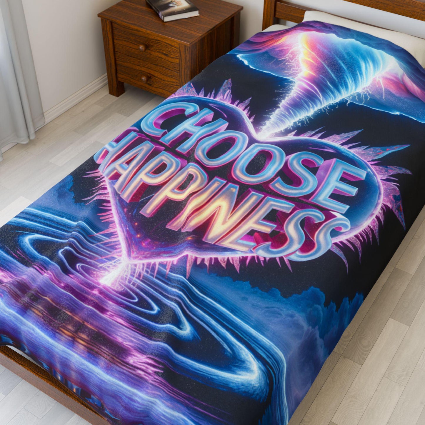 Choose Happiness Velveteen Plush Blanket | neon retro vaporwave