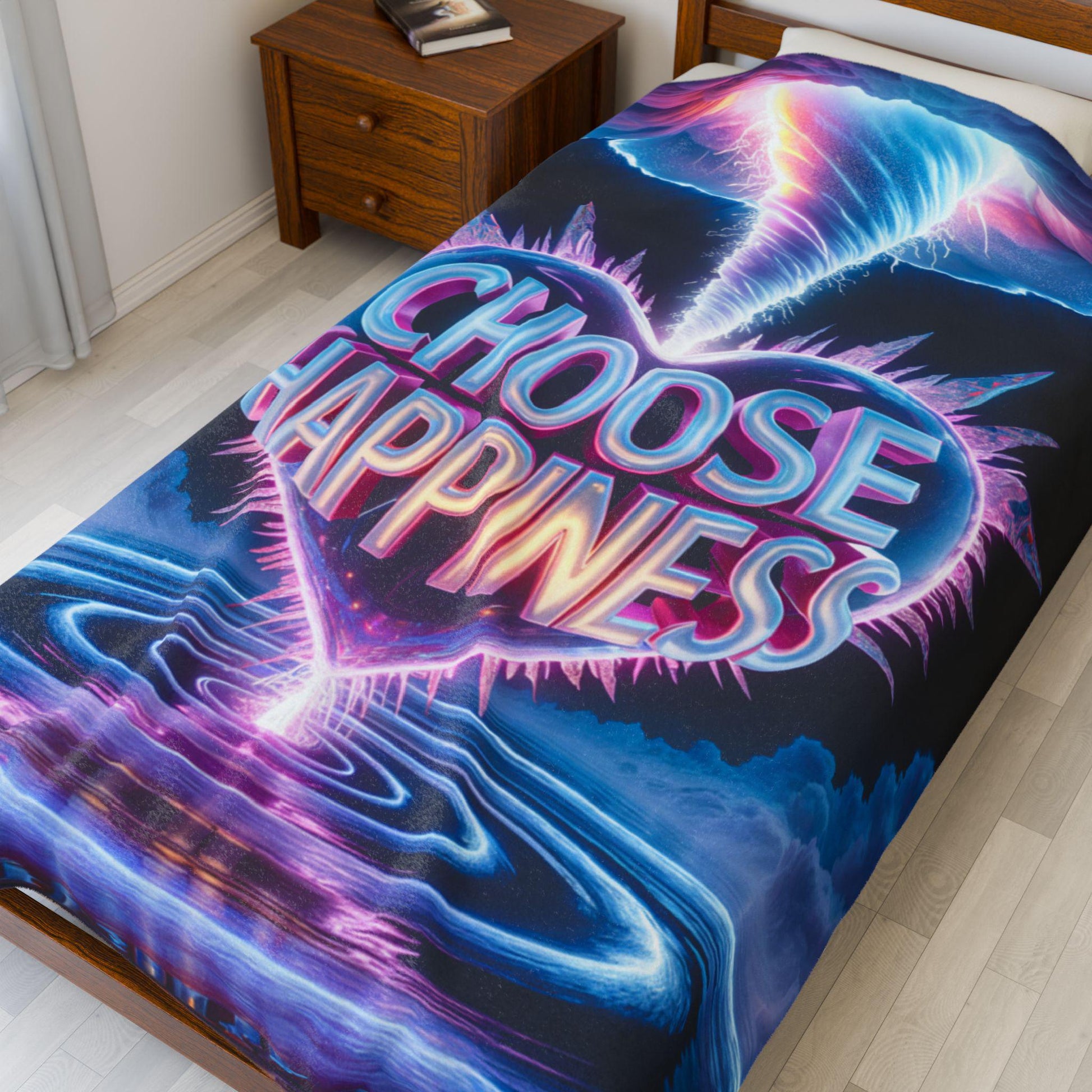 Choose Happiness Velveteen Plush Blanket | neon retro vaporwave