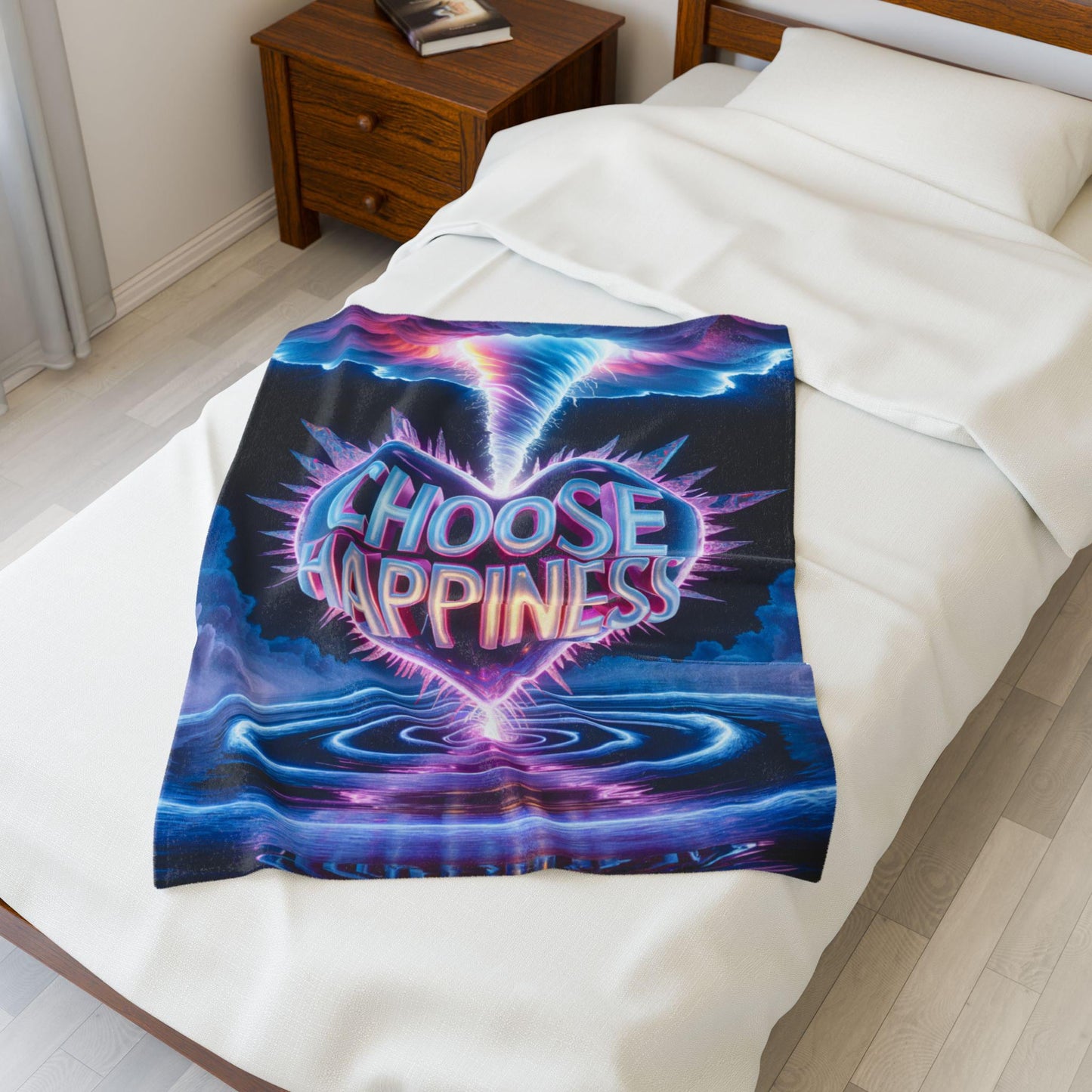 Choose Happiness Velveteen Plush Blanket | neon retro vaporwave