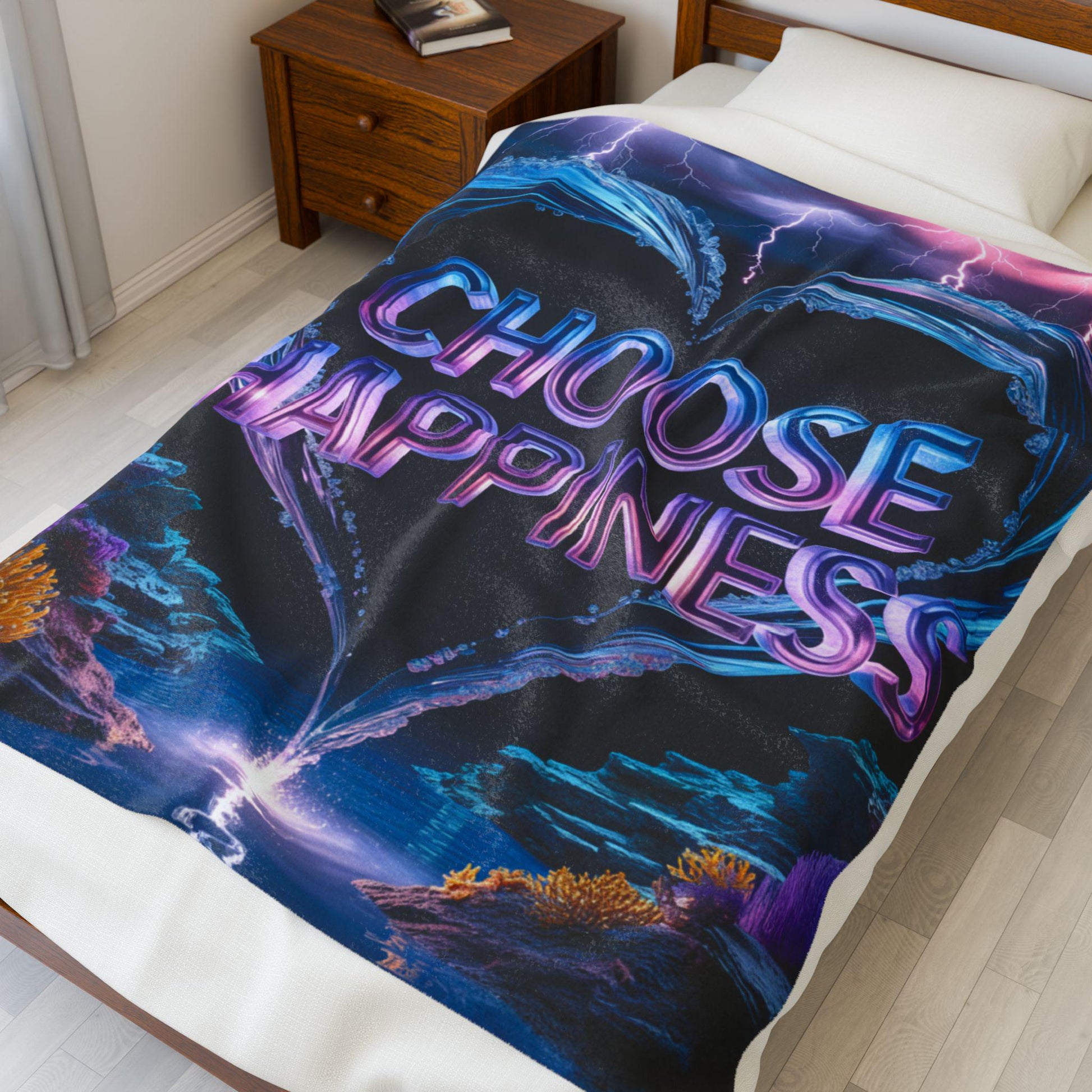 Velveteen Plush Blanket - Choose Happiness, Cozy Throw Blanket, Positive Vibes Home Decor