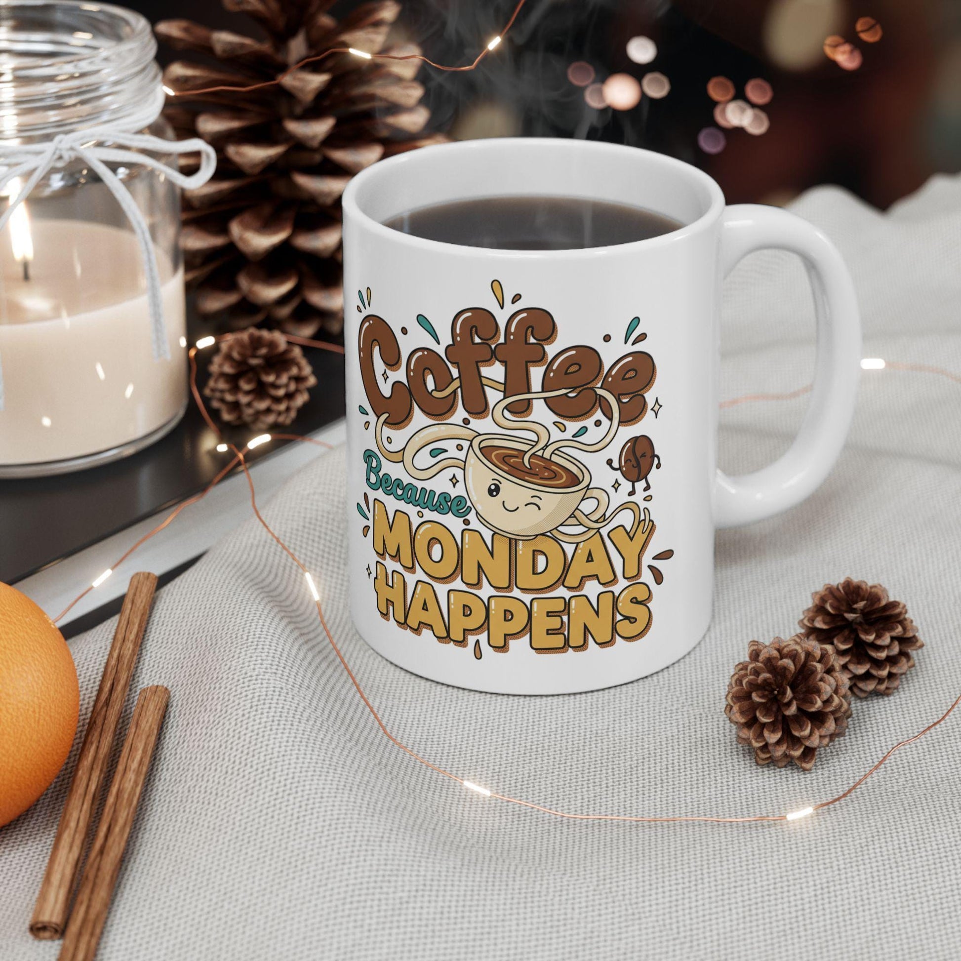 Coffee Because Monday Happens Mug | Cute Coffee Cartoon, Morning Humor