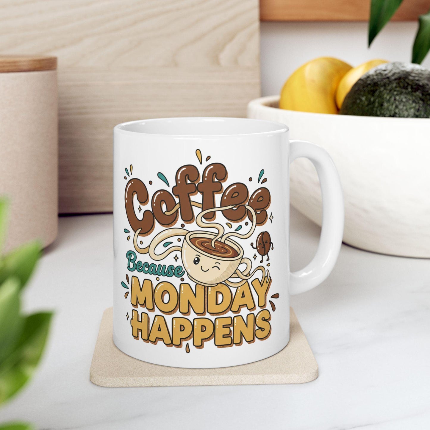Coffee Because Monday Happens Mug | Cute Coffee Cartoon, Morning Humor