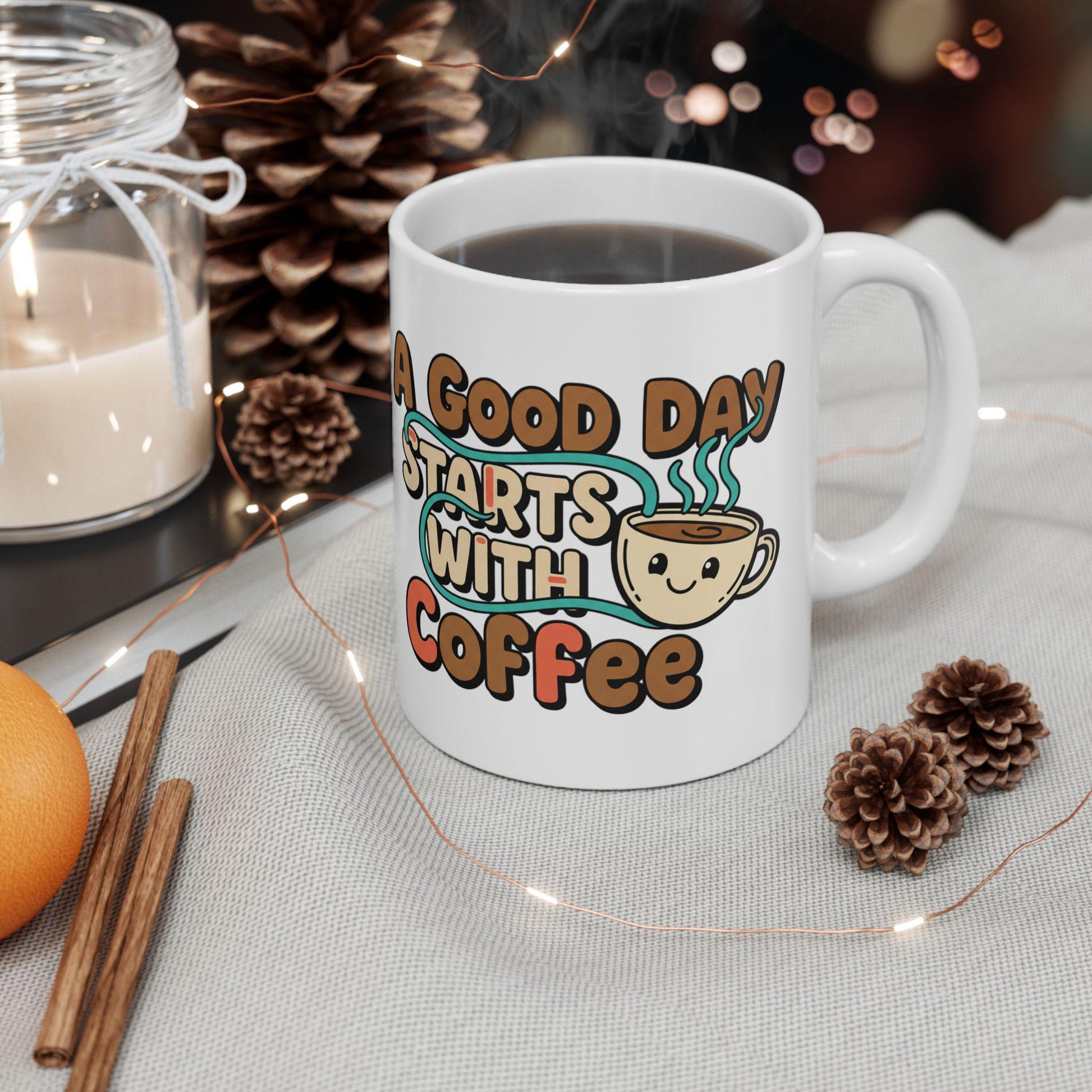 A Good Day Starts With Coffee Mug | Cute Retro Coffee Cup Illustration
