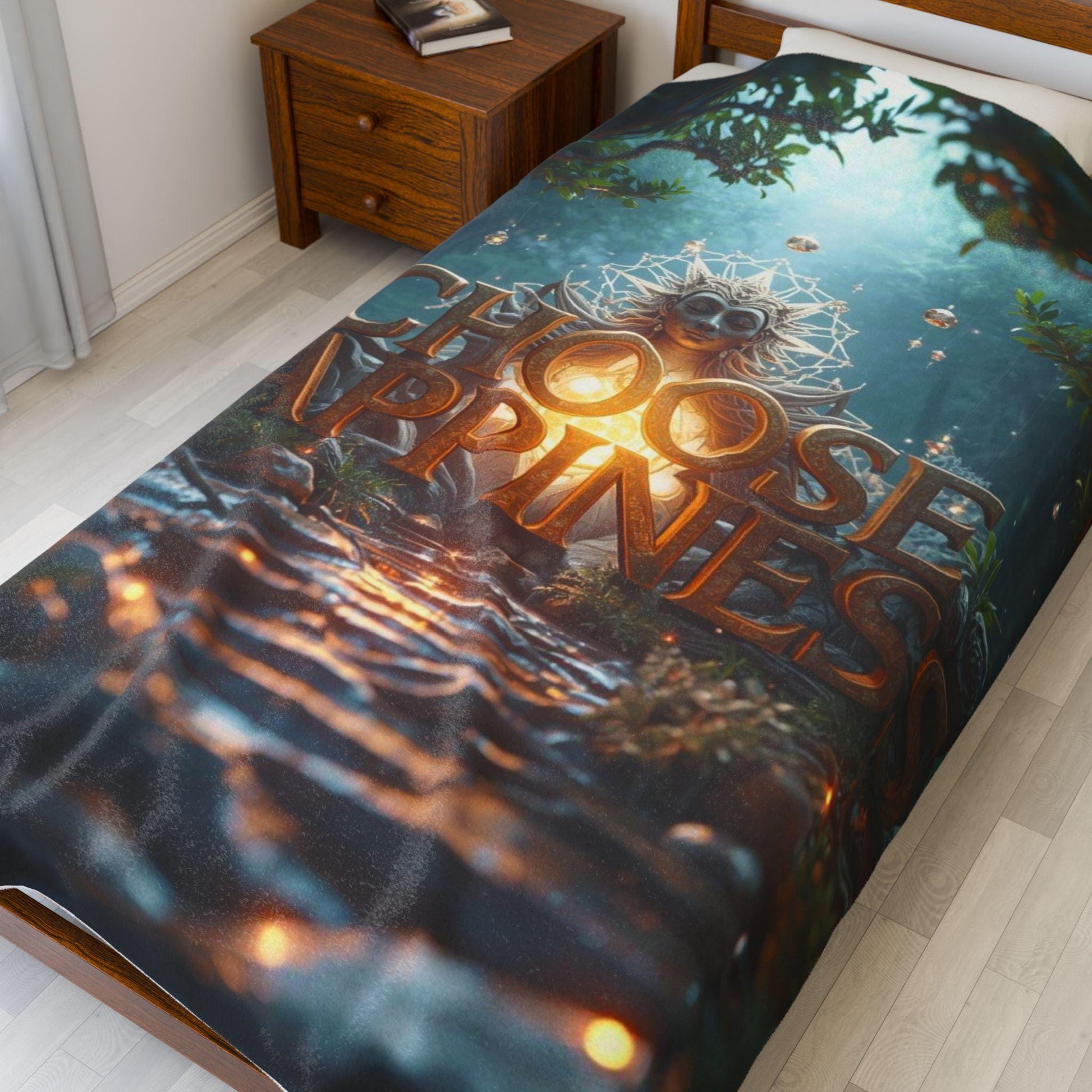 Choose Happiness Velveteen Plush Blanket | Forest Path Inspirational Typography
