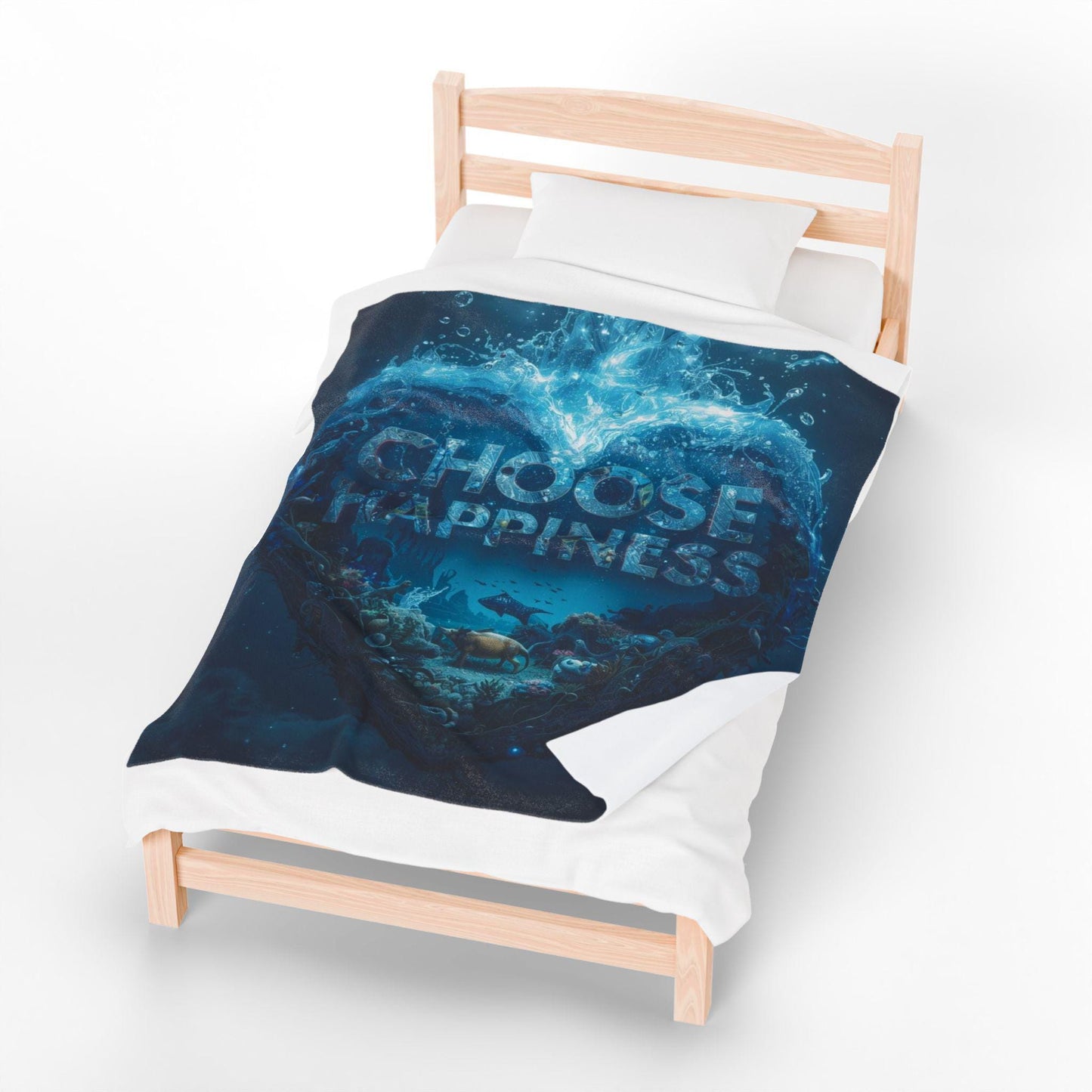 Choose Happiness Heart Ocean Scene Velveteen Plush Blanket | Inspirational Quote Throw