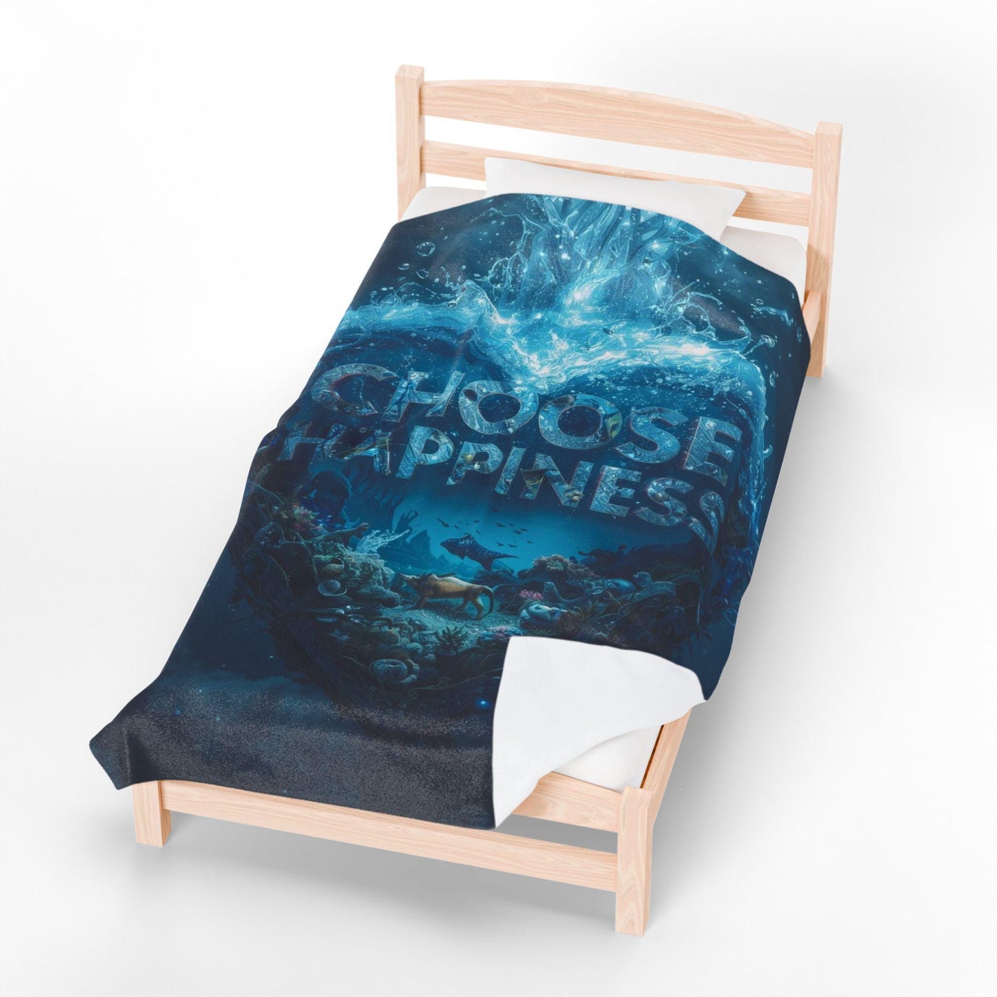Choose Happiness Heart Ocean Scene Velveteen Plush Blanket | Inspirational Quote Throw