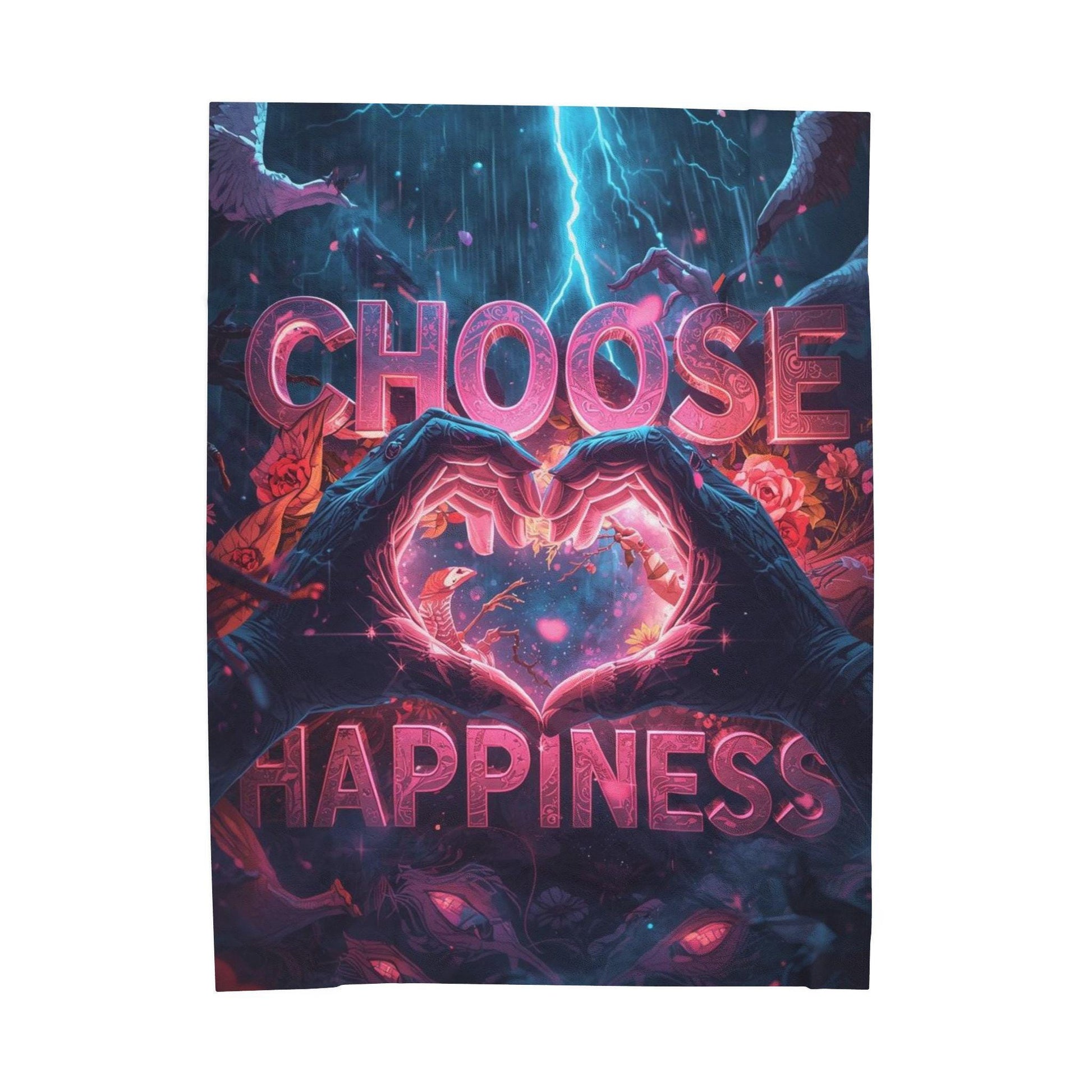 Choose Happiness Velveteen Plush Blanket | Heart Hands Neon Lightning Design