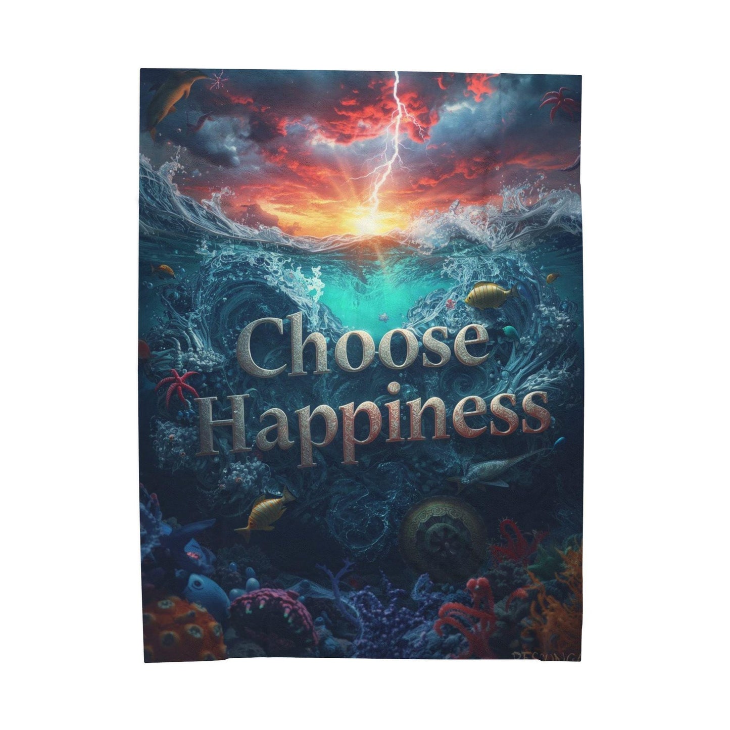 Choose Happiness Velveteen Plush Blanket | Ocean Sunset Underwater Design