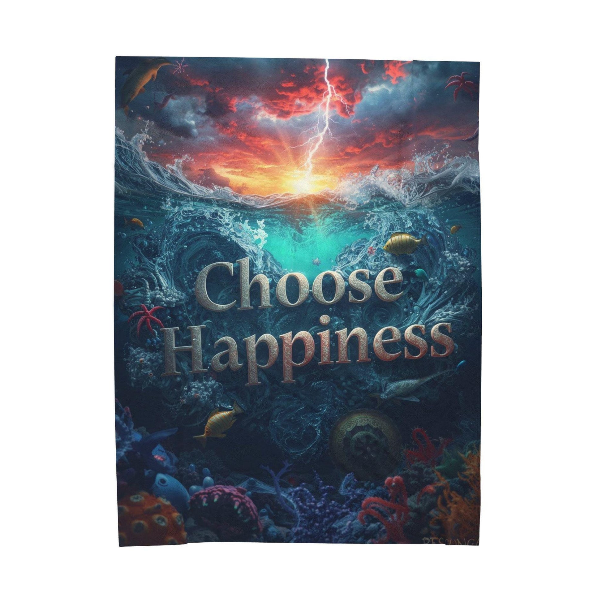 Choose Happiness Velveteen Plush Blanket | Ocean Sunset Underwater Design