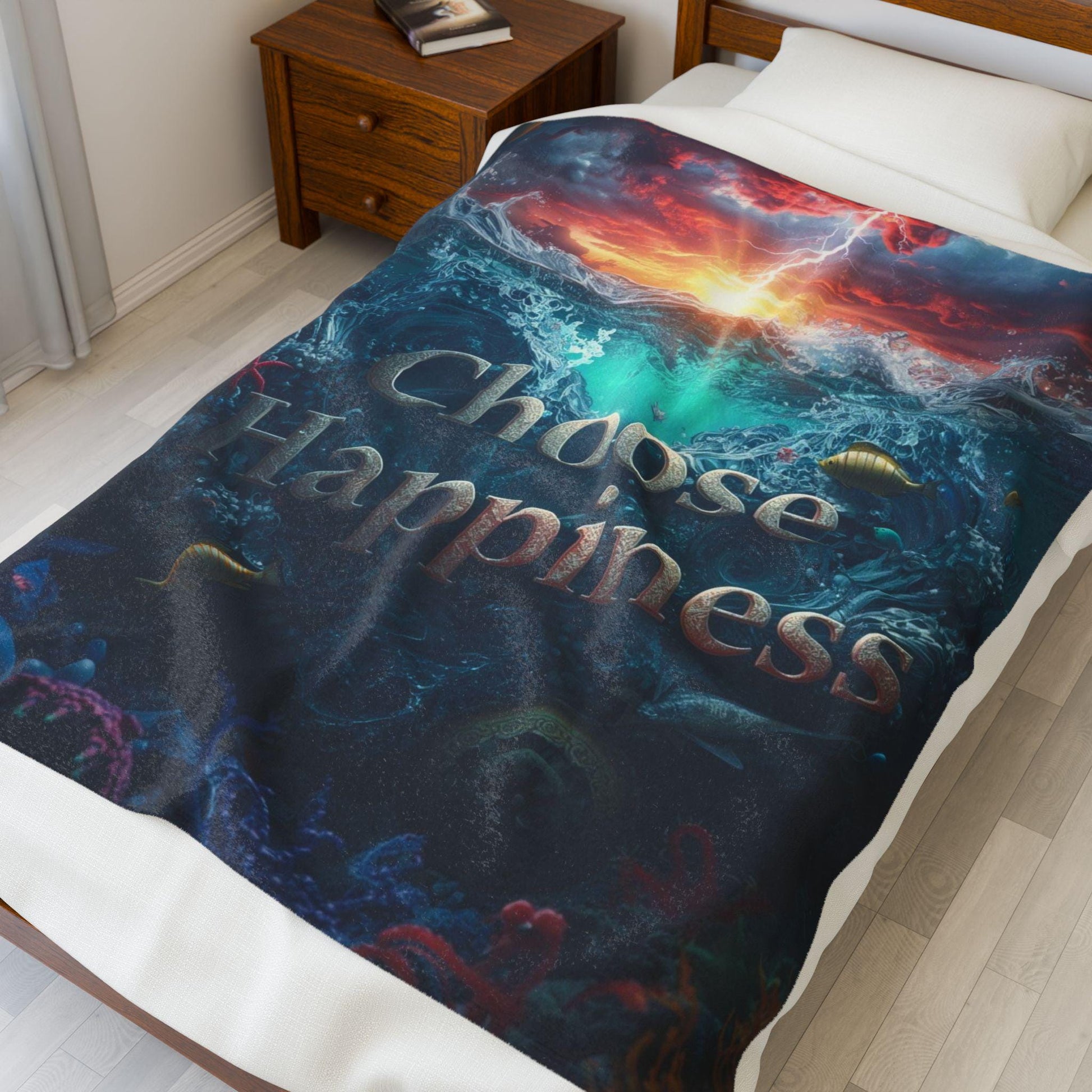 Choose Happiness Velveteen Plush Blanket | Ocean Sunset Underwater Design