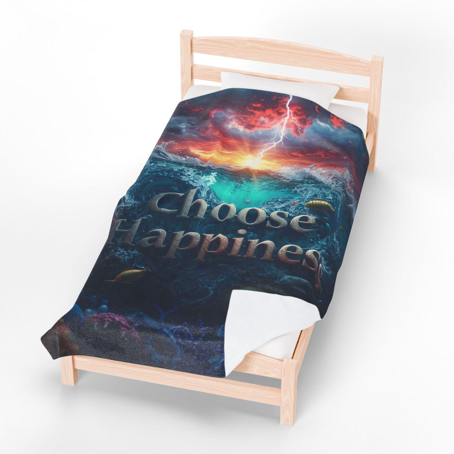 Choose Happiness Velveteen Plush Blanket | Ocean Sunset Underwater Design