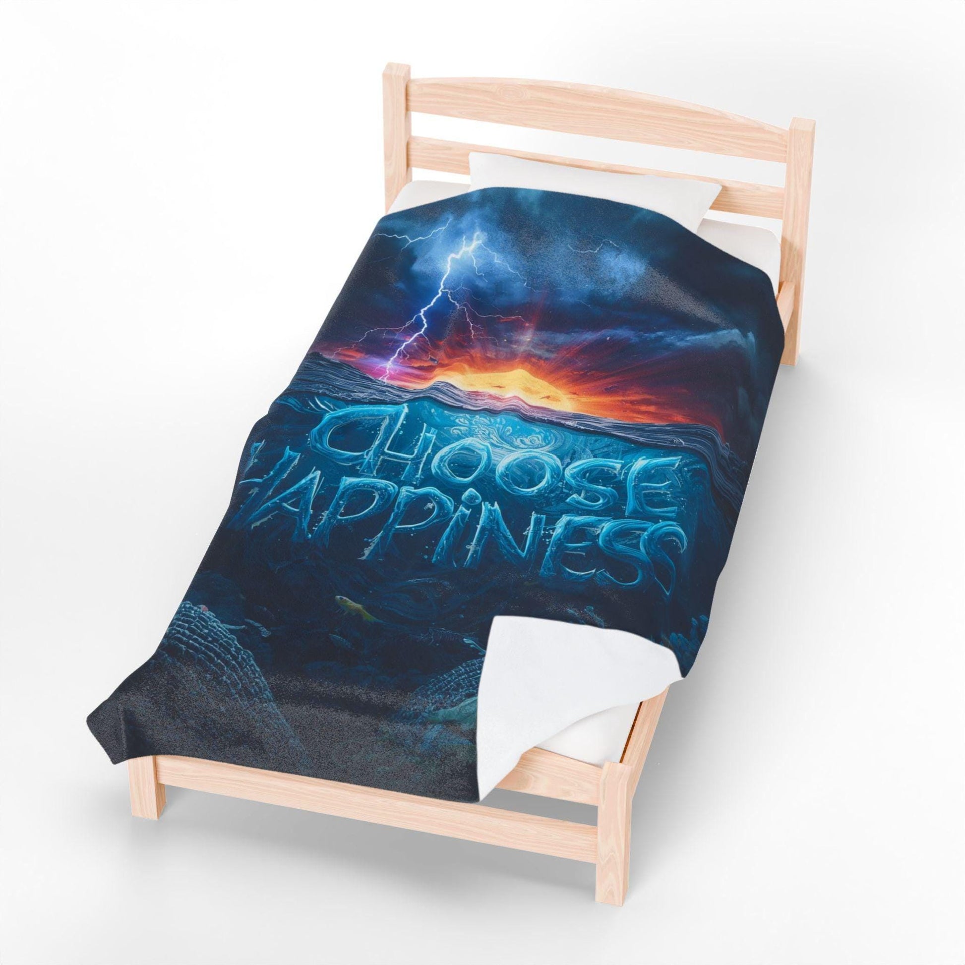 Choose Happiness ocean sunset design Velveteen Plush Blanket | inspirational typography
