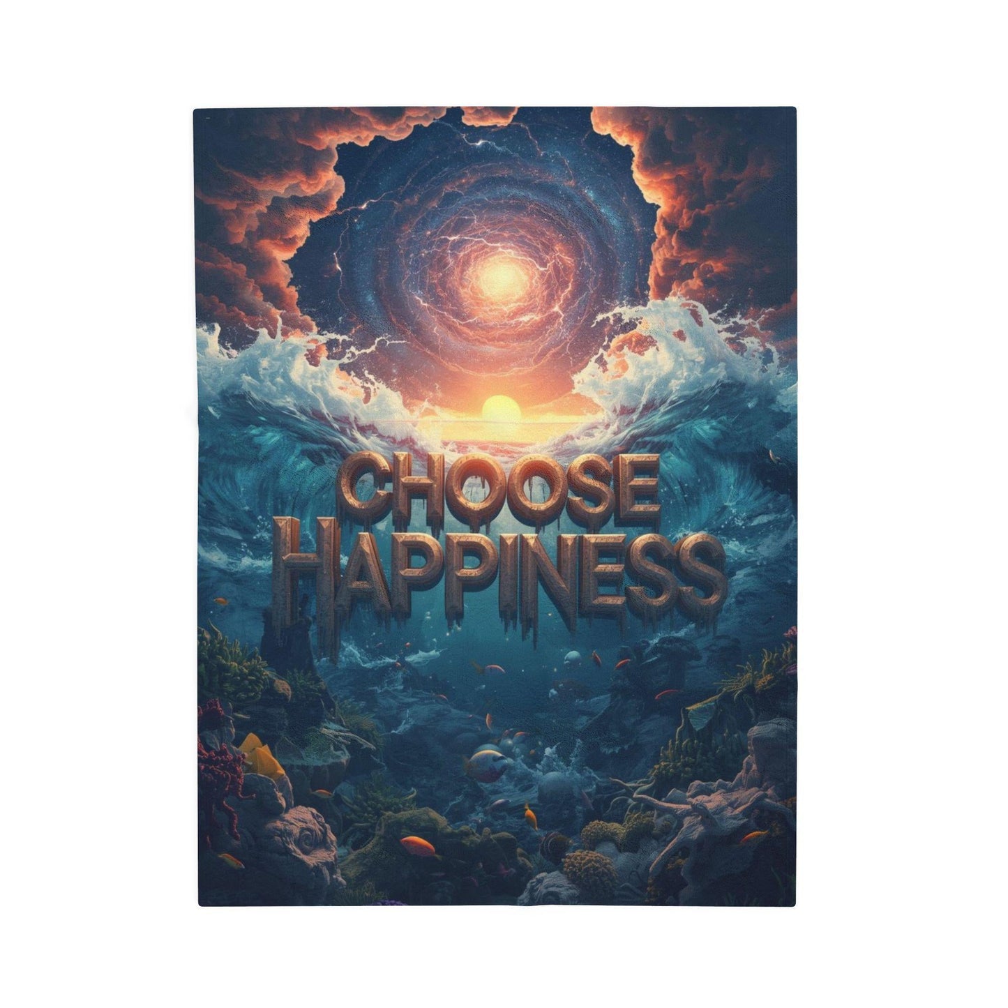 Choose Happiness ocean sunrise illustration Blanket | Velveteen Plush Blanket