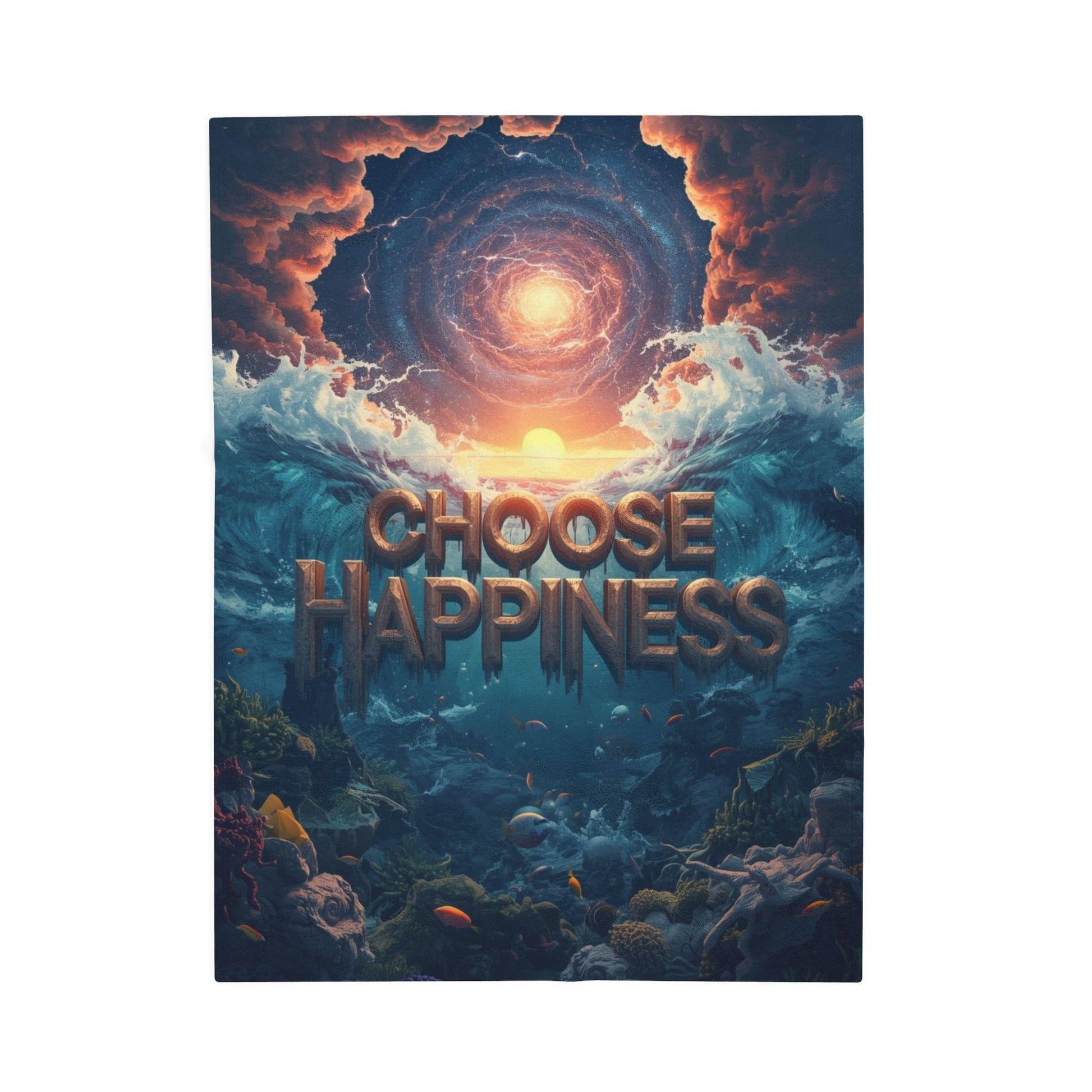 Choose Happiness ocean sunrise illustration Blanket | Velveteen Plush Blanket