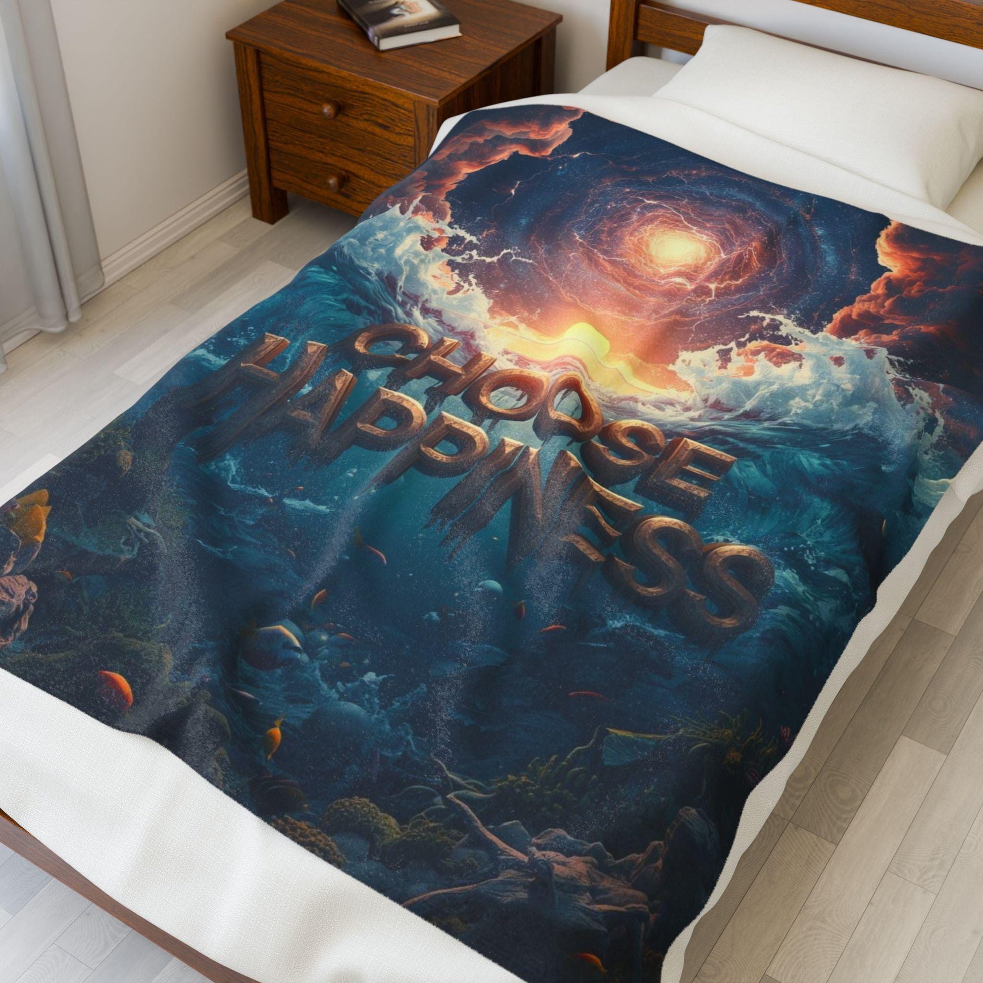 Choose Happiness ocean sunrise illustration Blanket | Velveteen Plush Blanket