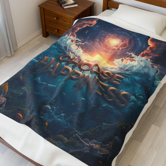 Choose Happiness ocean sunrise illustration Blanket | Velveteen Plush Blanket