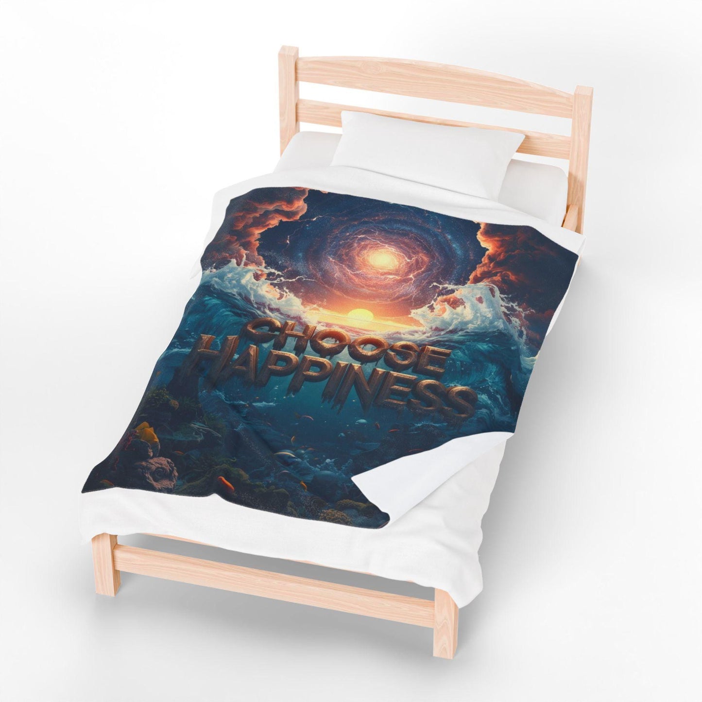 Choose Happiness ocean sunrise illustration Blanket | Velveteen Plush Blanket