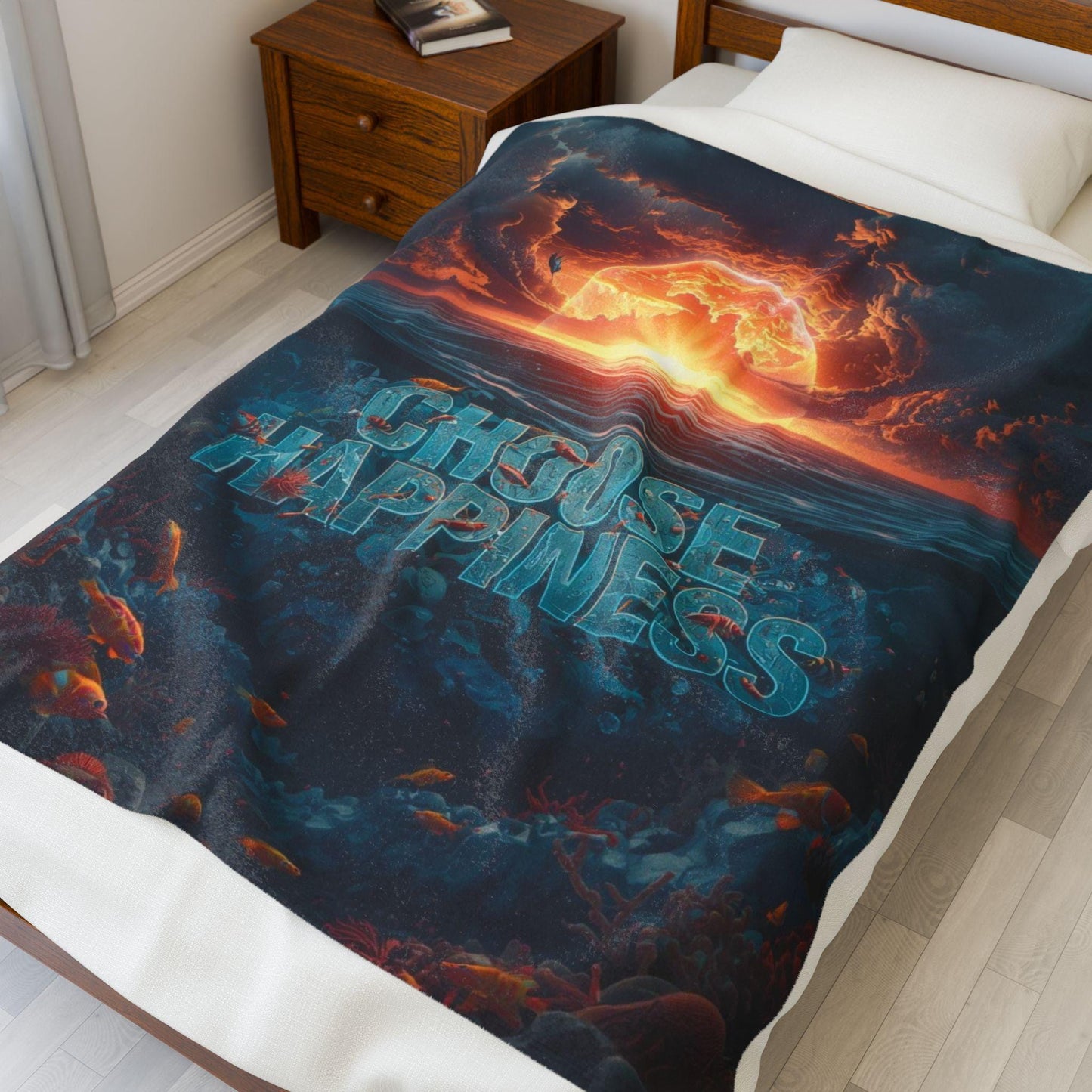 Choose Happiness ocean sunset blanket | Velveteen plush throw